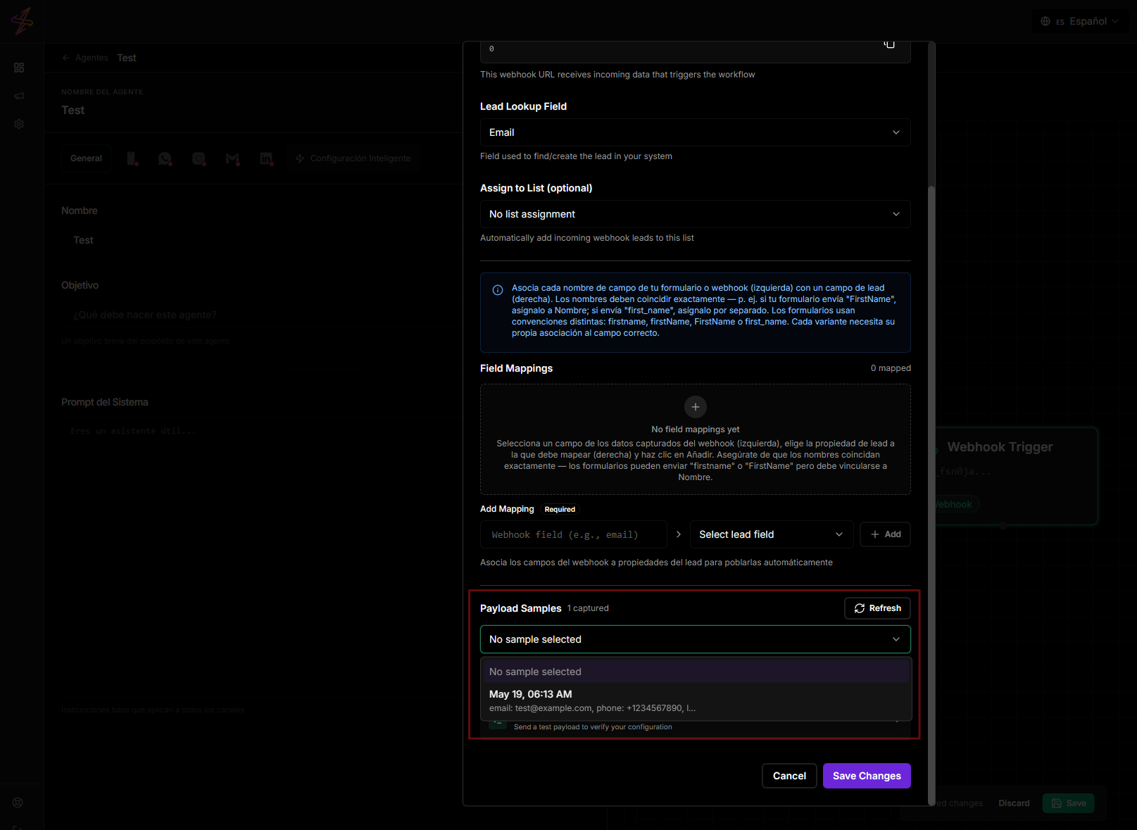 Seleccionar payload de muestra
