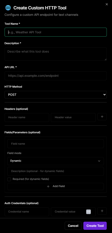 Modal de creación de herramienta API personalizada