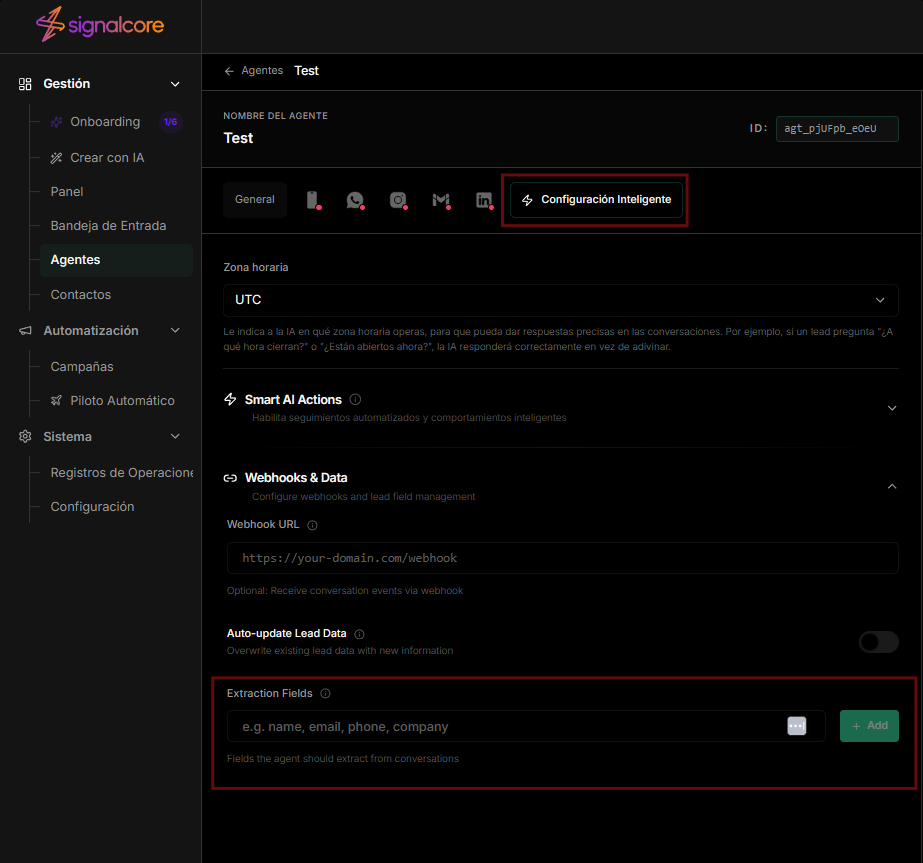 Configuración de extraer valores