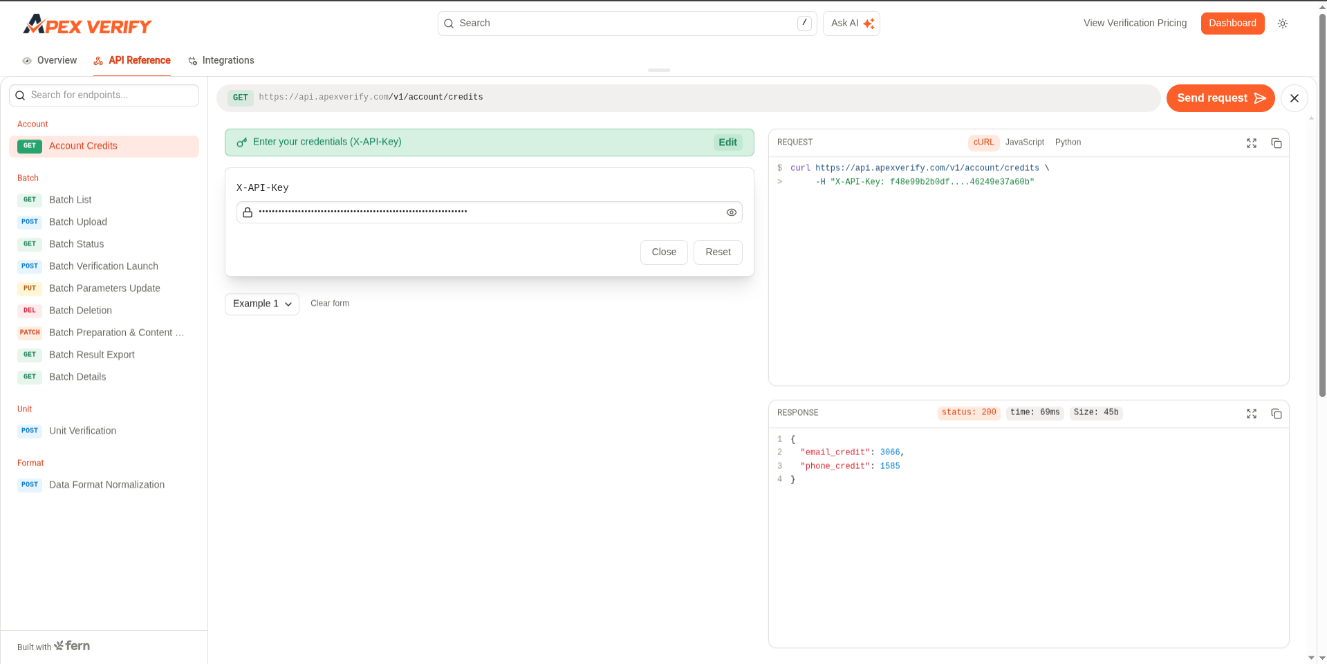 Successful API key test response