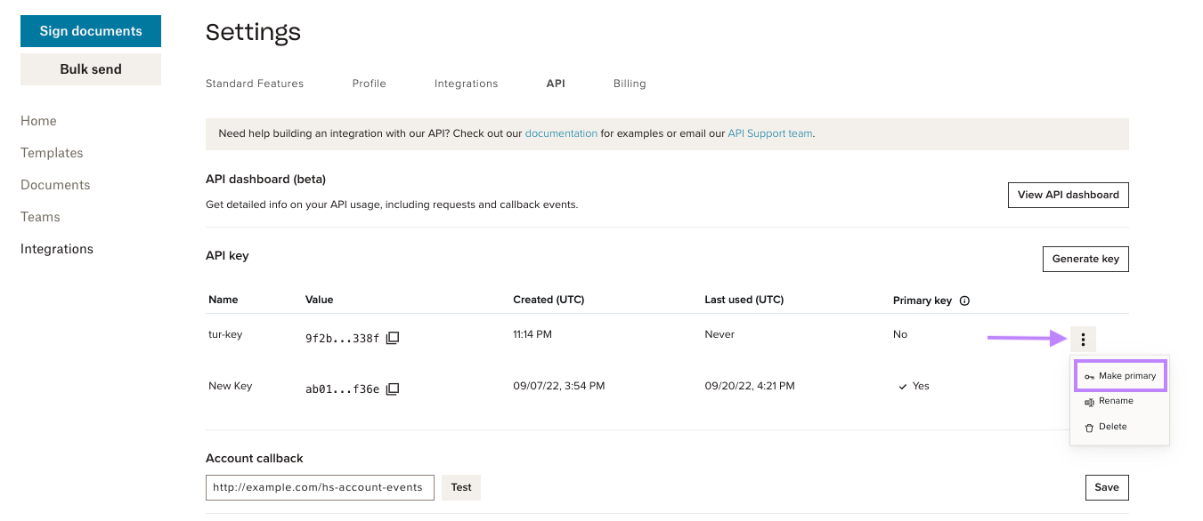 #width=650px; Screenshot showing the api dashboard and location of the Primary key button.