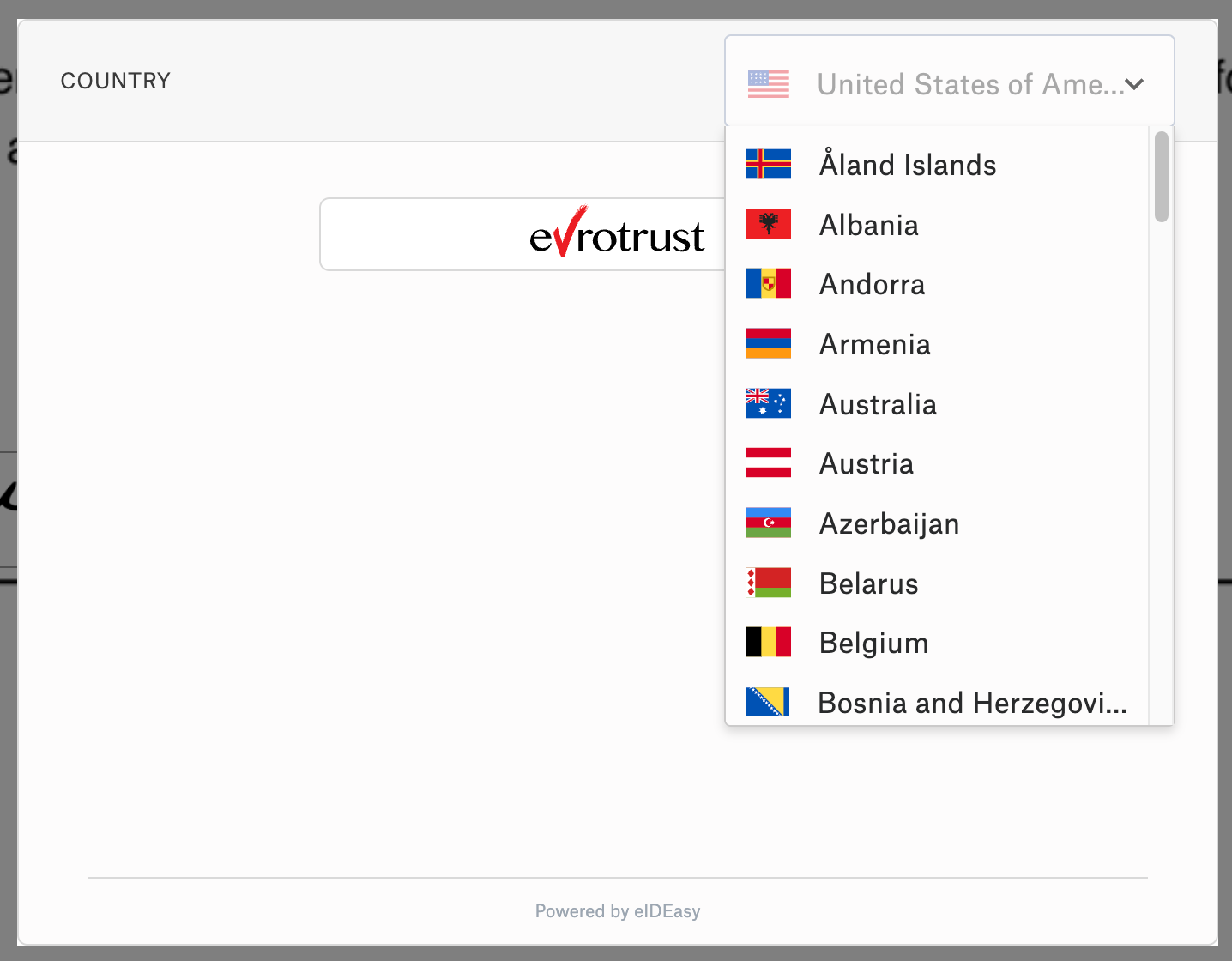 Screenshot of Dropbox Sign page, showing the user available eID country and authentication service combinations