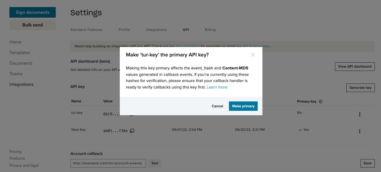 #width=650px; Screenshot showing a modal confirming you want to make the key primary.