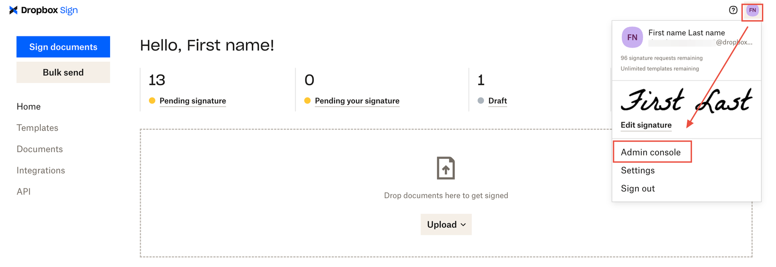 Image of Admin Console navigation link in settings