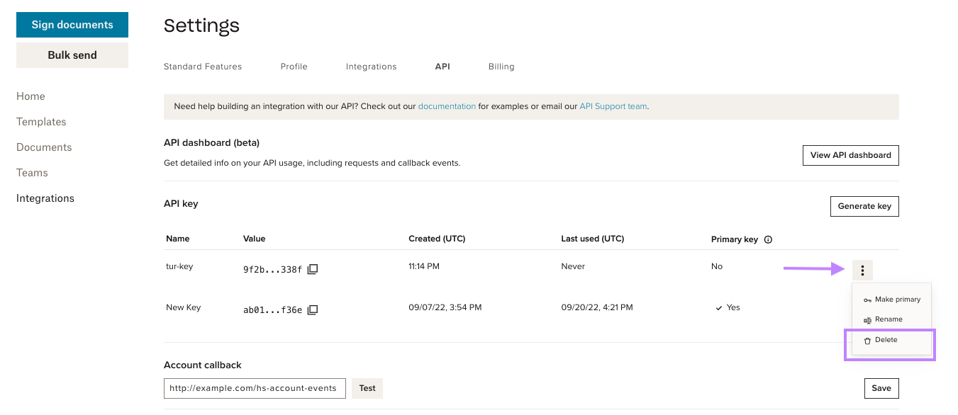 #width=650px; Screenshot showing the api dashboard and location of the Delete key button.
