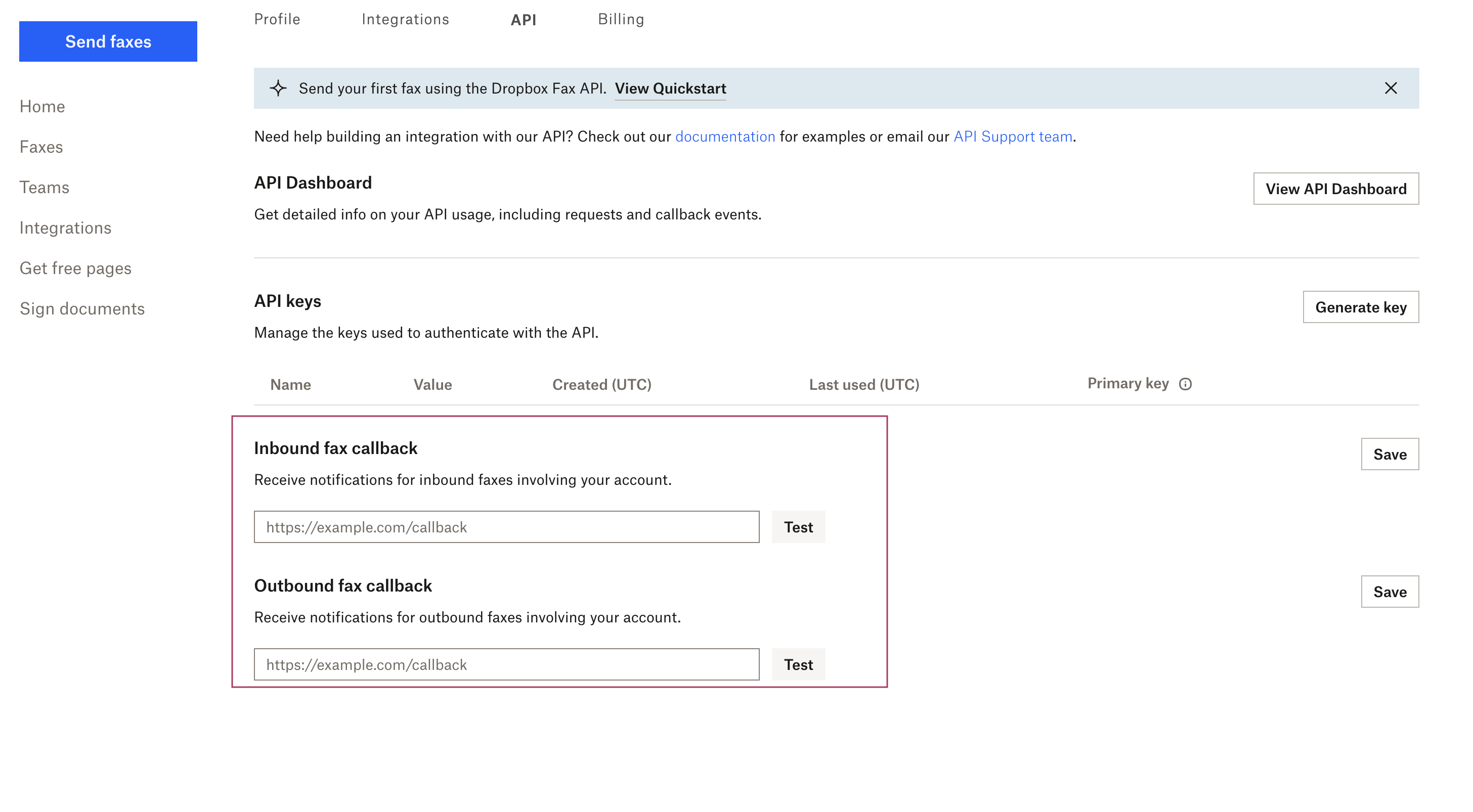 Fax API Callback URL Setting