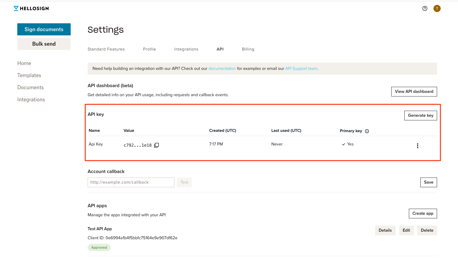 #width=650px; Screenshot showing the api settings page and location of api key table.