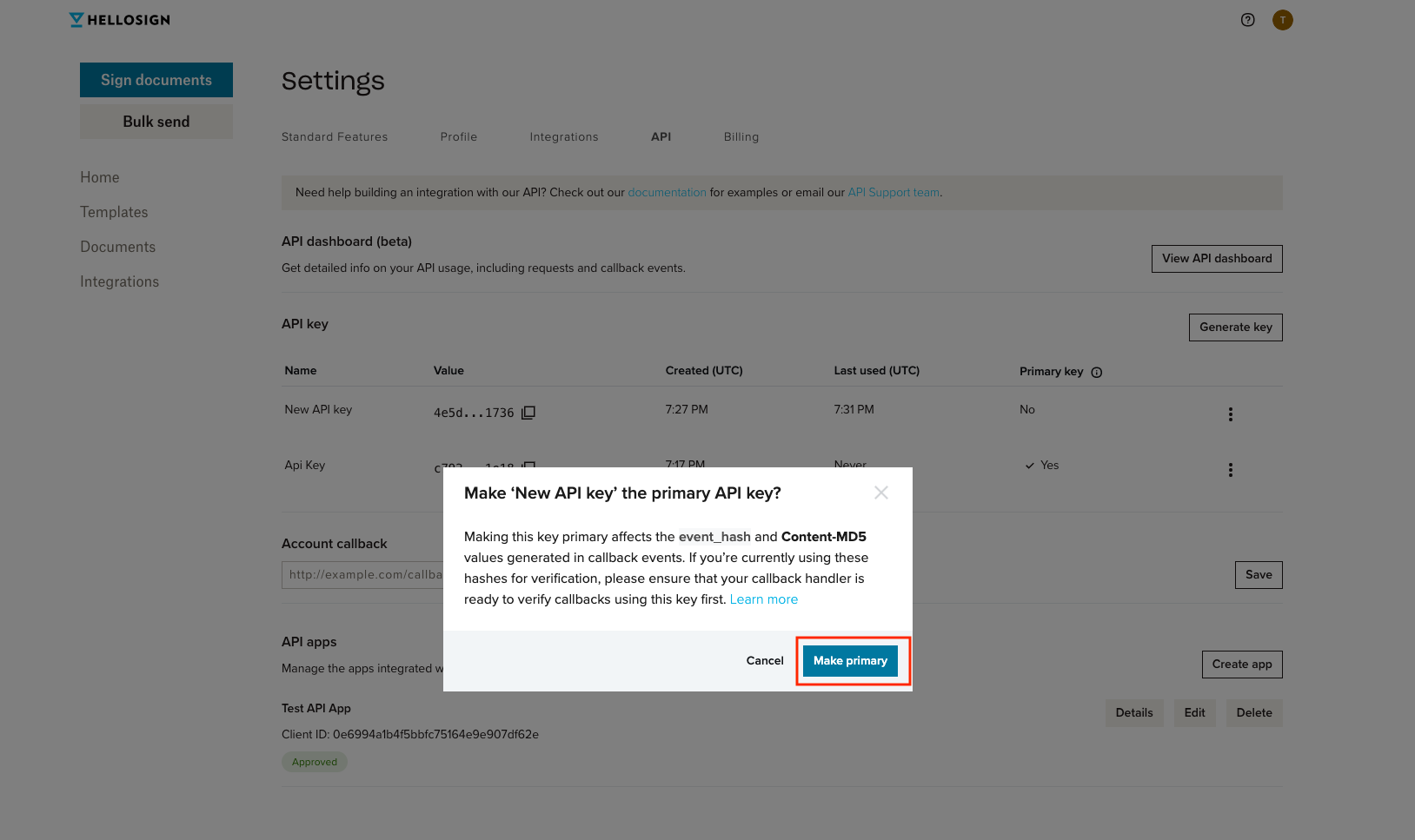 #width=650px; Screenshot of modal to confirm change of primary key.