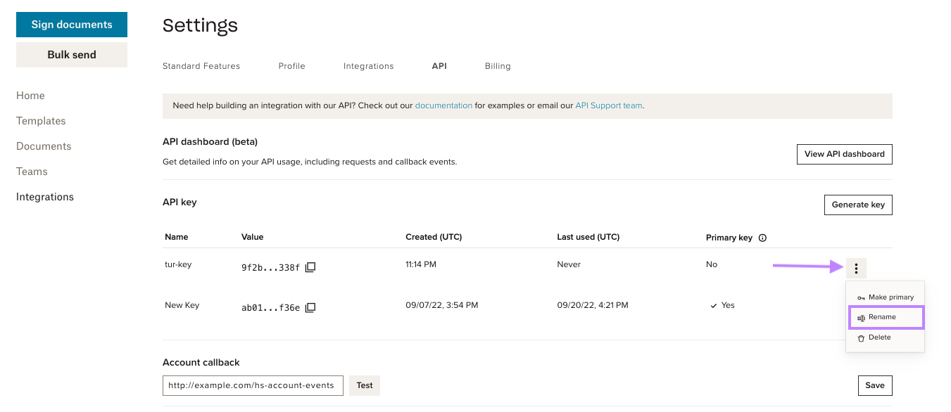 #width=650px; Screenshot showing the api dashboard and location of the Rename key button.