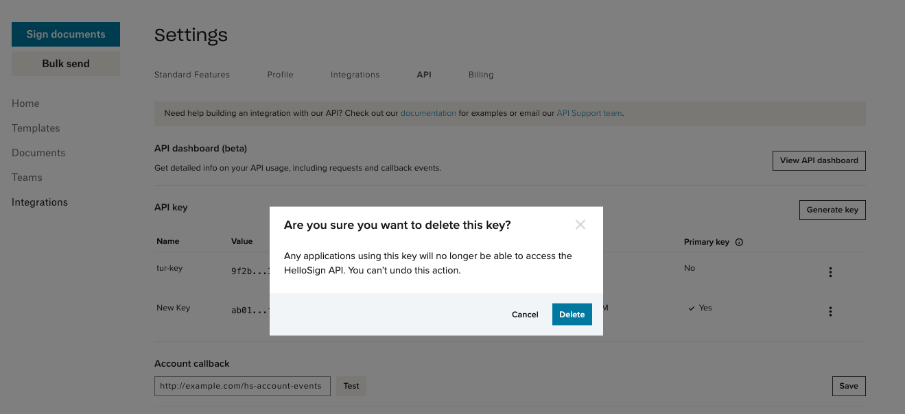 #width=650px; Screenshot showing a modal where users confirm deletion of api keys.