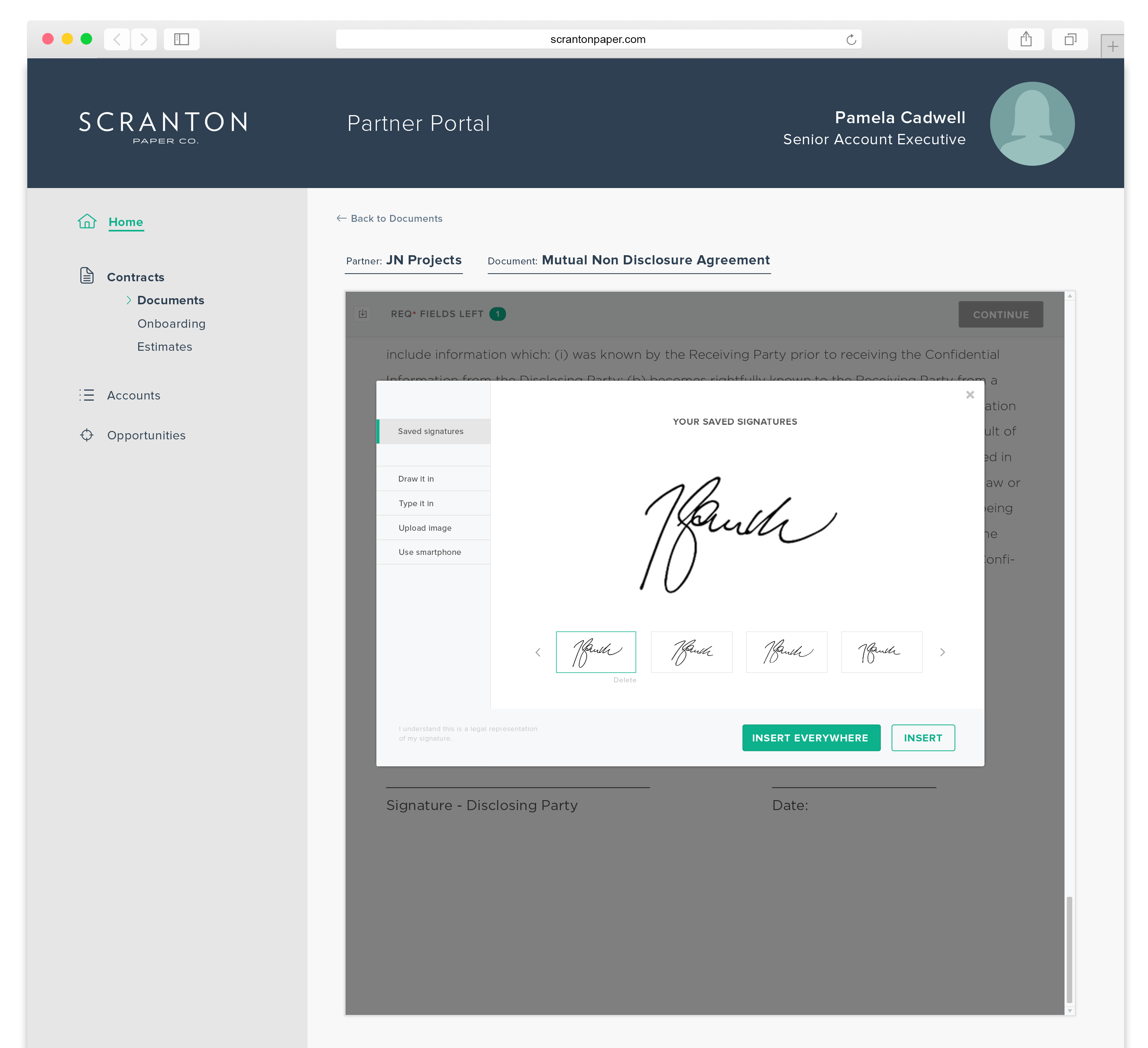 #width=550px; Shows the personalized in the signature modal as they choose from available signature options