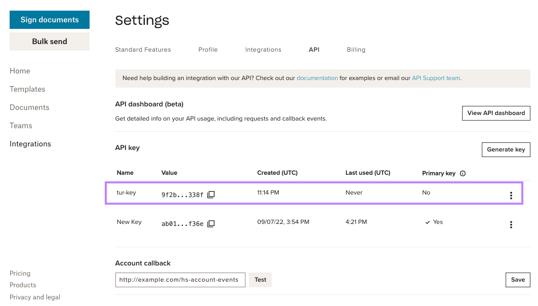 #width=650px; Screenshot showing the api dashboard with the new API key listed on the API key table.