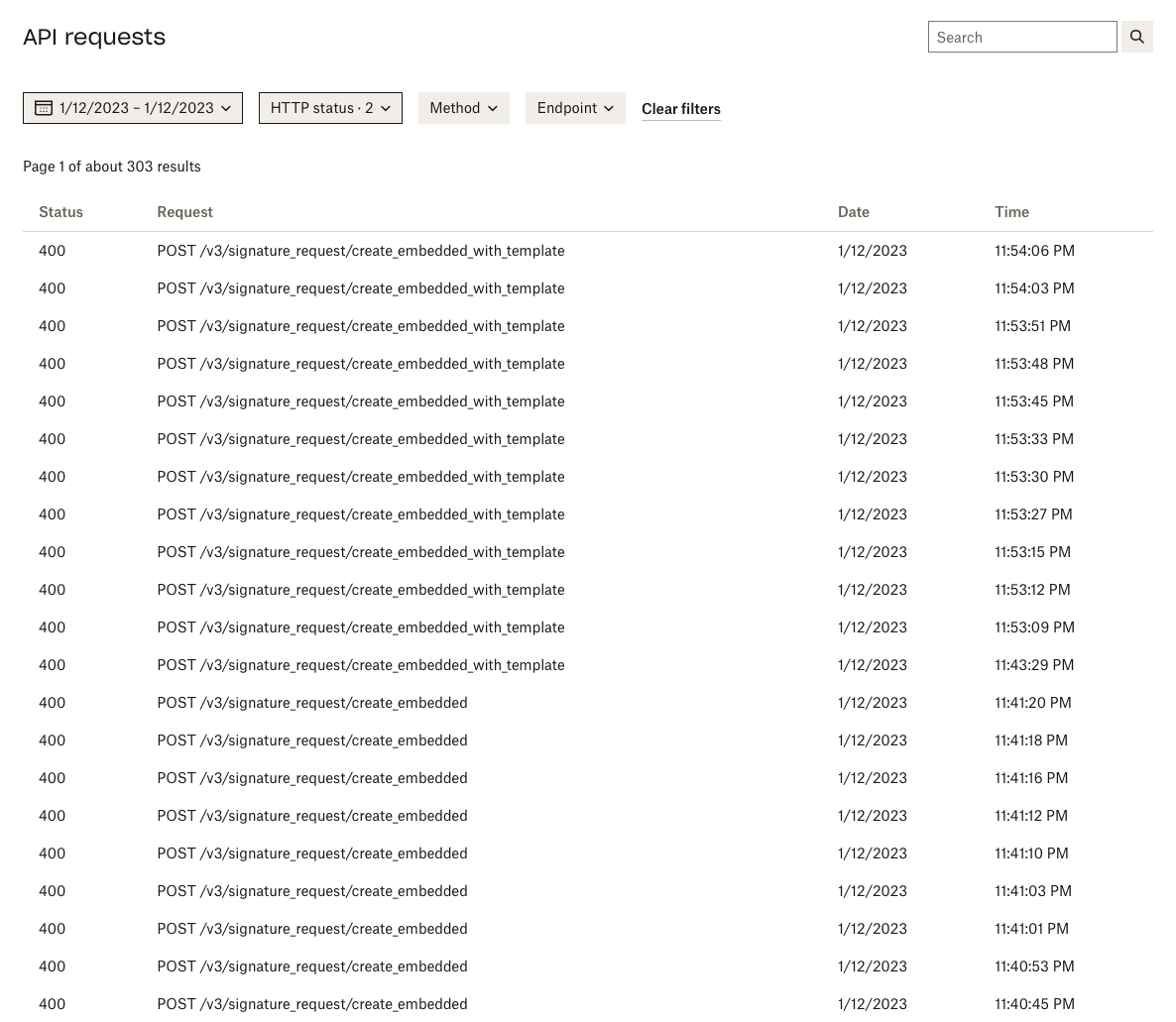 Api requests page listing failed api calls only