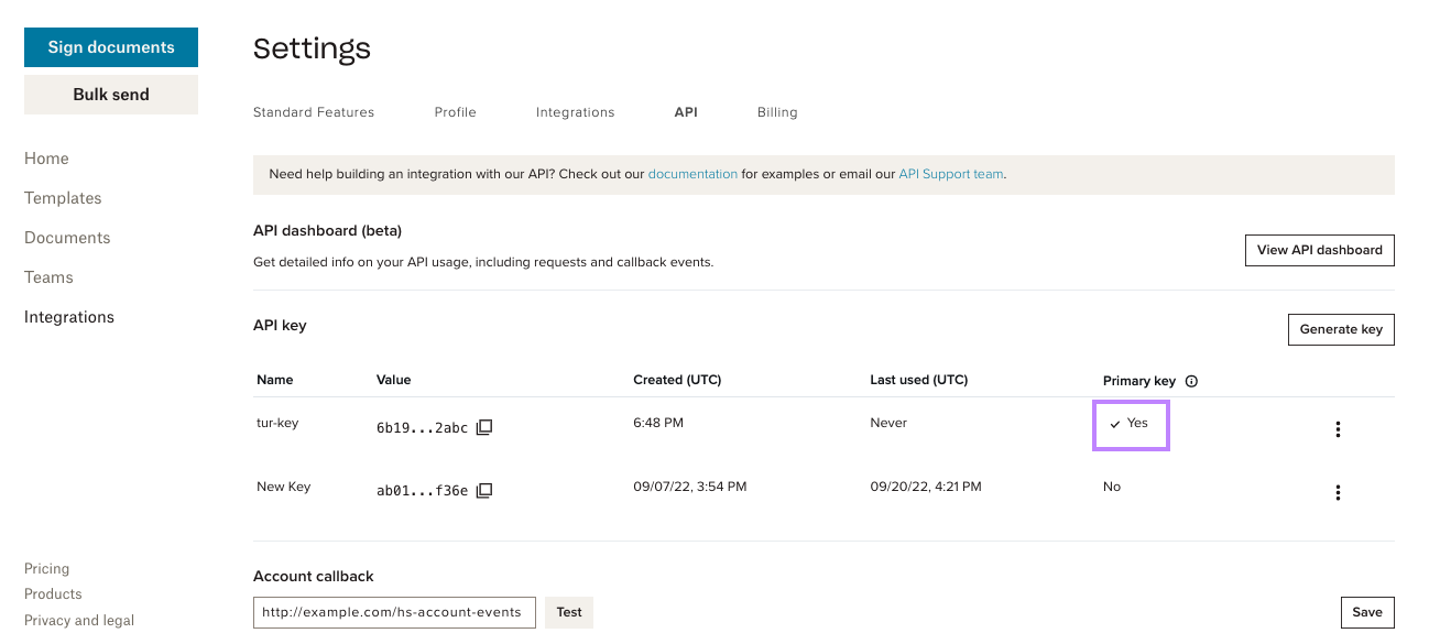 #width=650px; Screenshot showing the api dashboard with new key marked as primary.