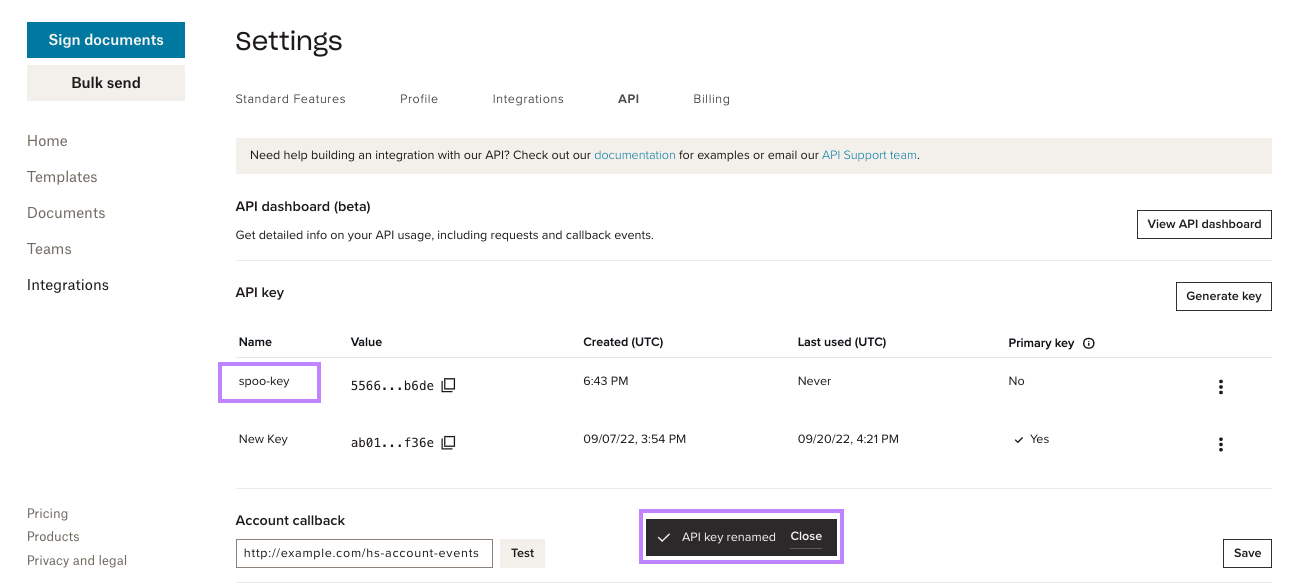 #width=650px; Screenshot showing the api dashboard with a confirmation banner of key being renamed.