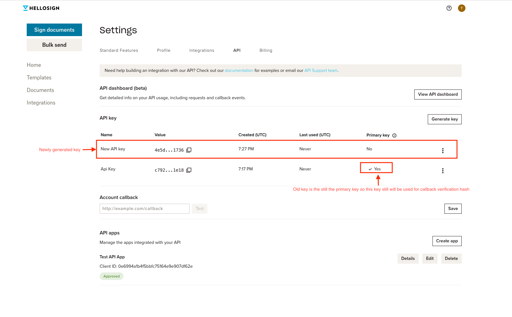 #width=650px; Screenshot showing location of new key on api settings page.