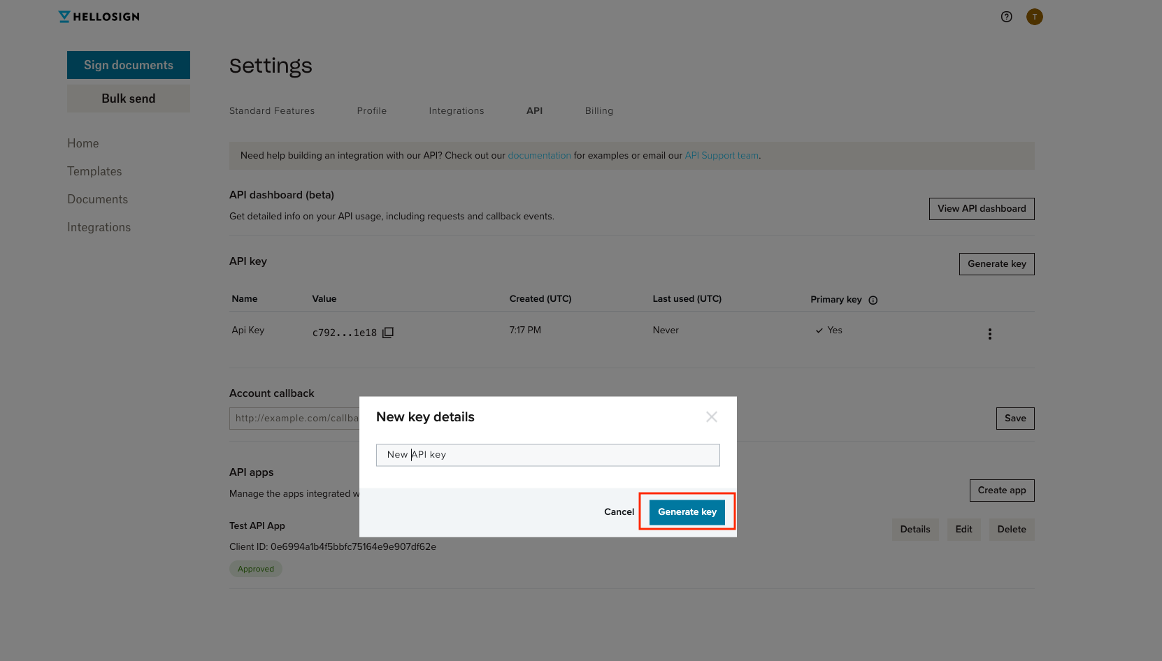 #width=650px; Screenshot of modal to name new key.