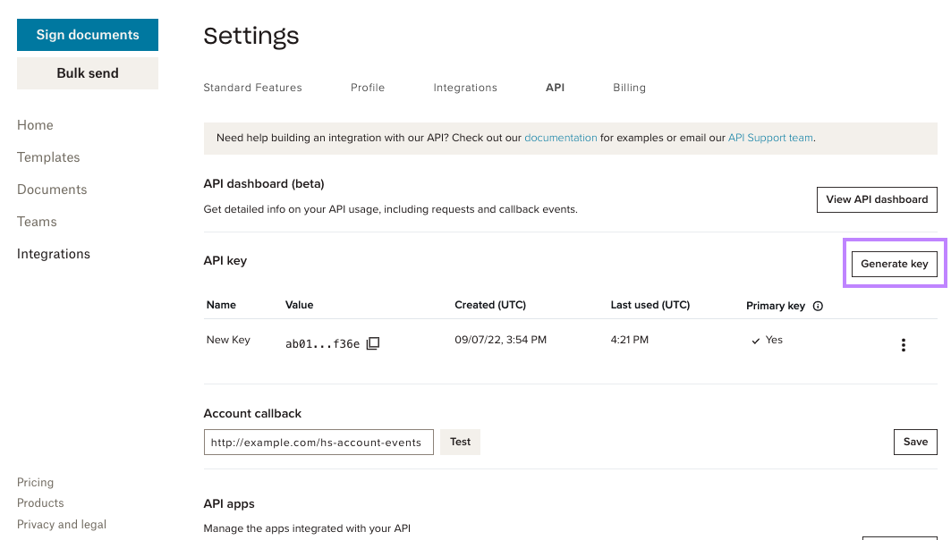 #width=650px; Screenshot showing the api dashboard and location of the Generate key button.