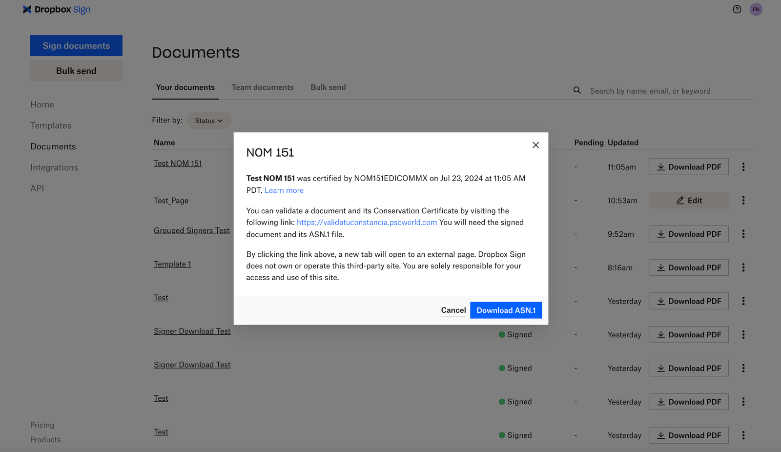 Image of NOM 151 validation link
