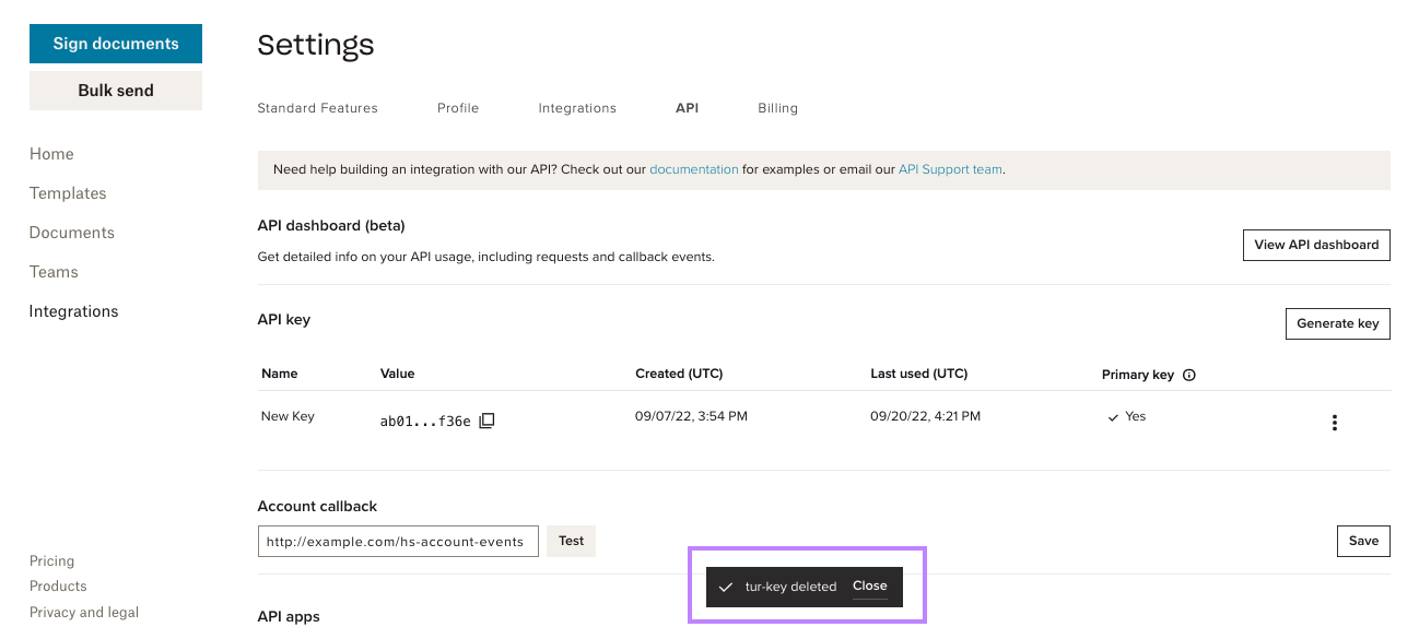 #width=650px; Screenshot showing the api dashboard with a confirmation banner of key being deleted.