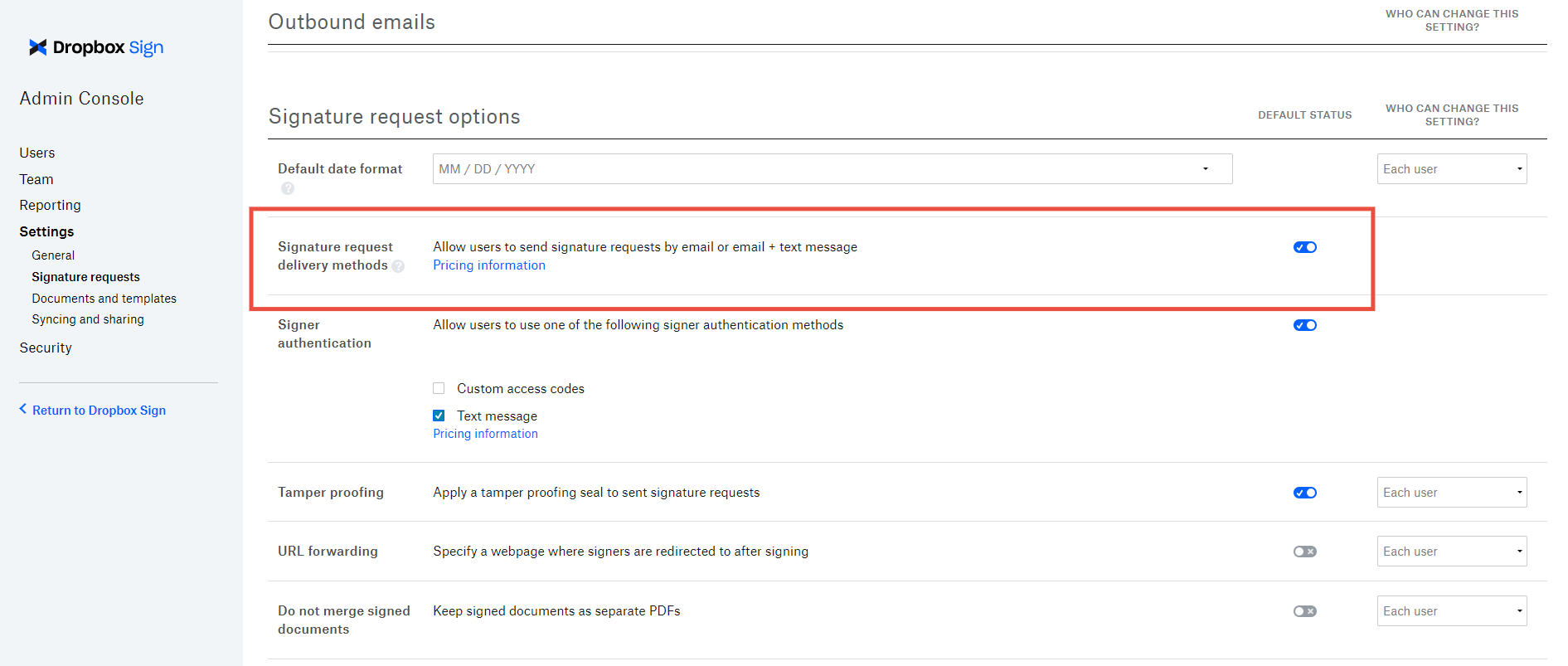 The Dropbox Sign Admin Console delivery method setting.