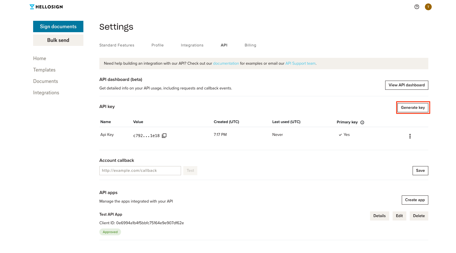 #width=650px; Screenshot of location of the Generate key button on api settings page.