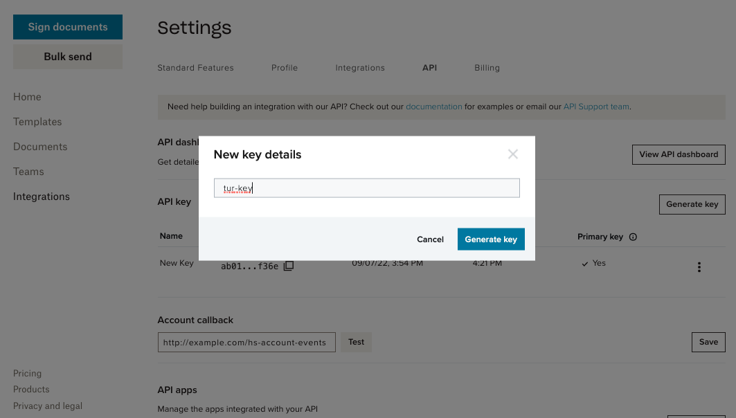 #width=650px; Screenshot showing a modal where users name new Dropbox Sign api keys.