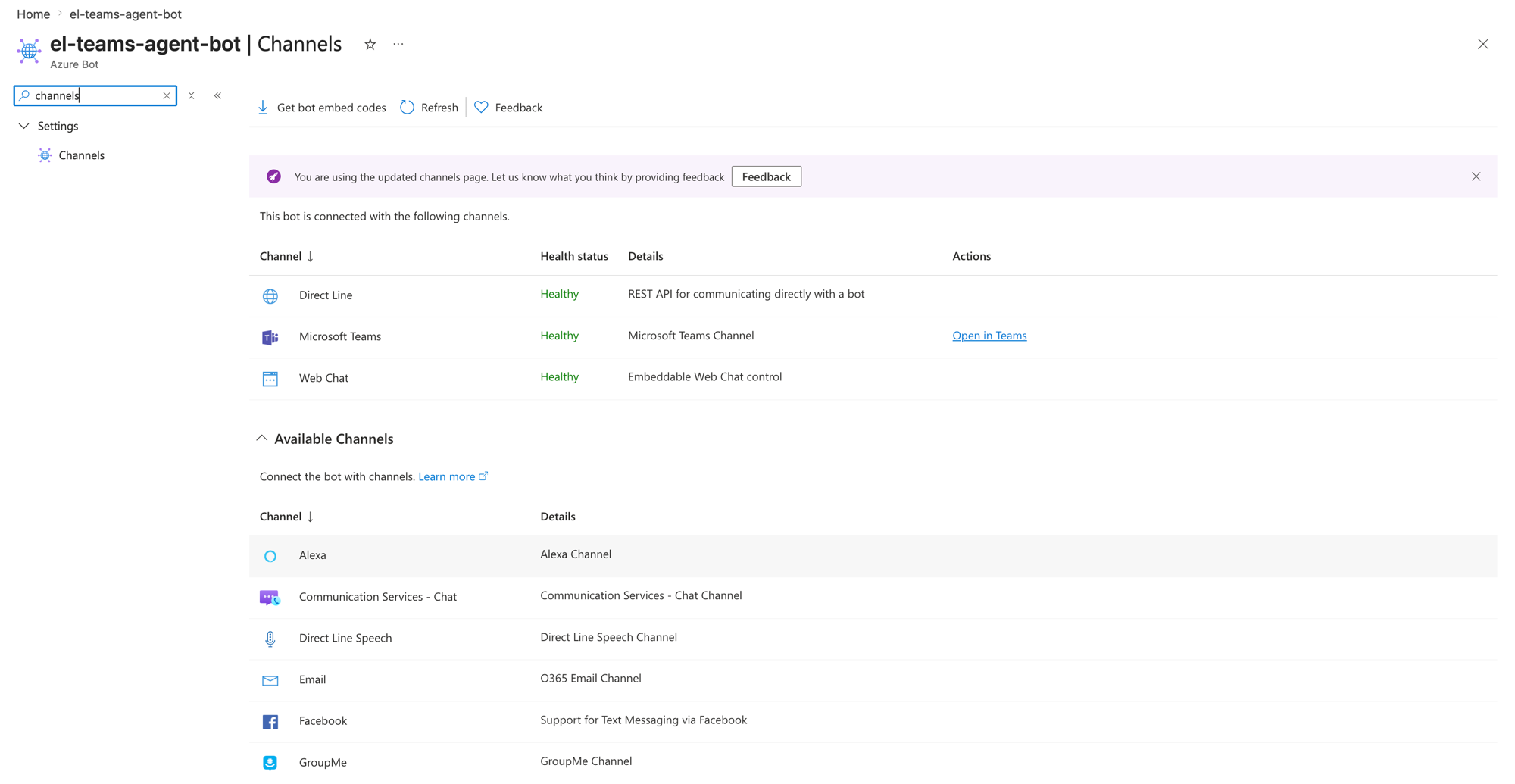 The Azure Bot Channels blade listing the Microsoft Teams channel as
healthy