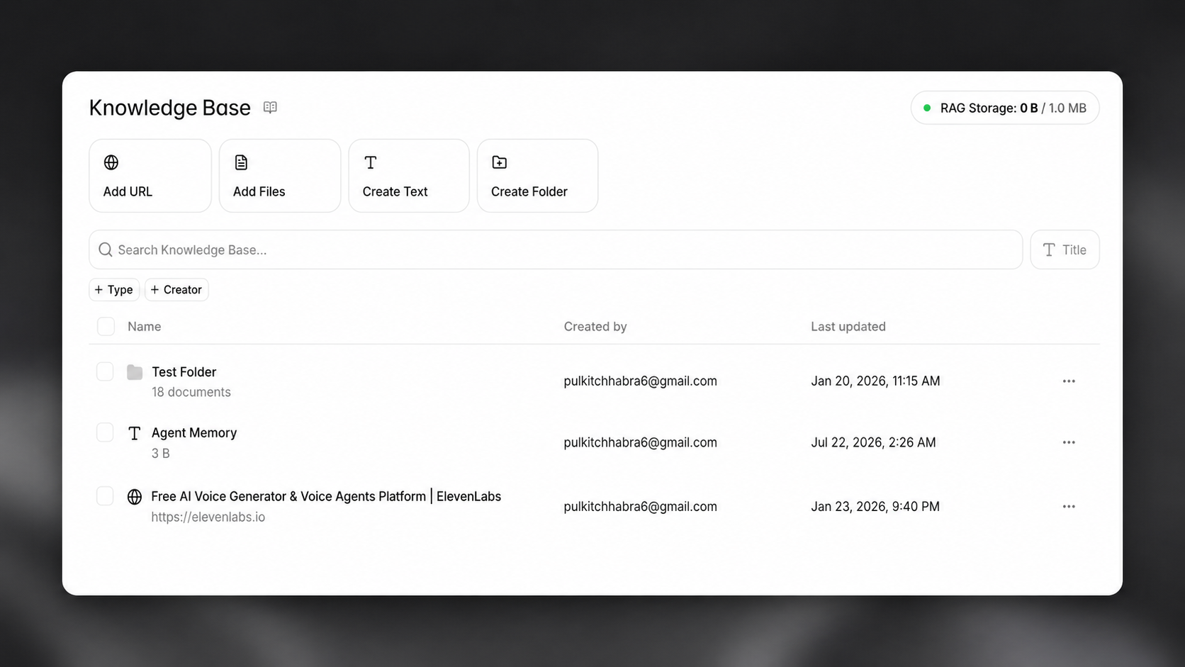 Knowledge base main interface showing a list of
documents