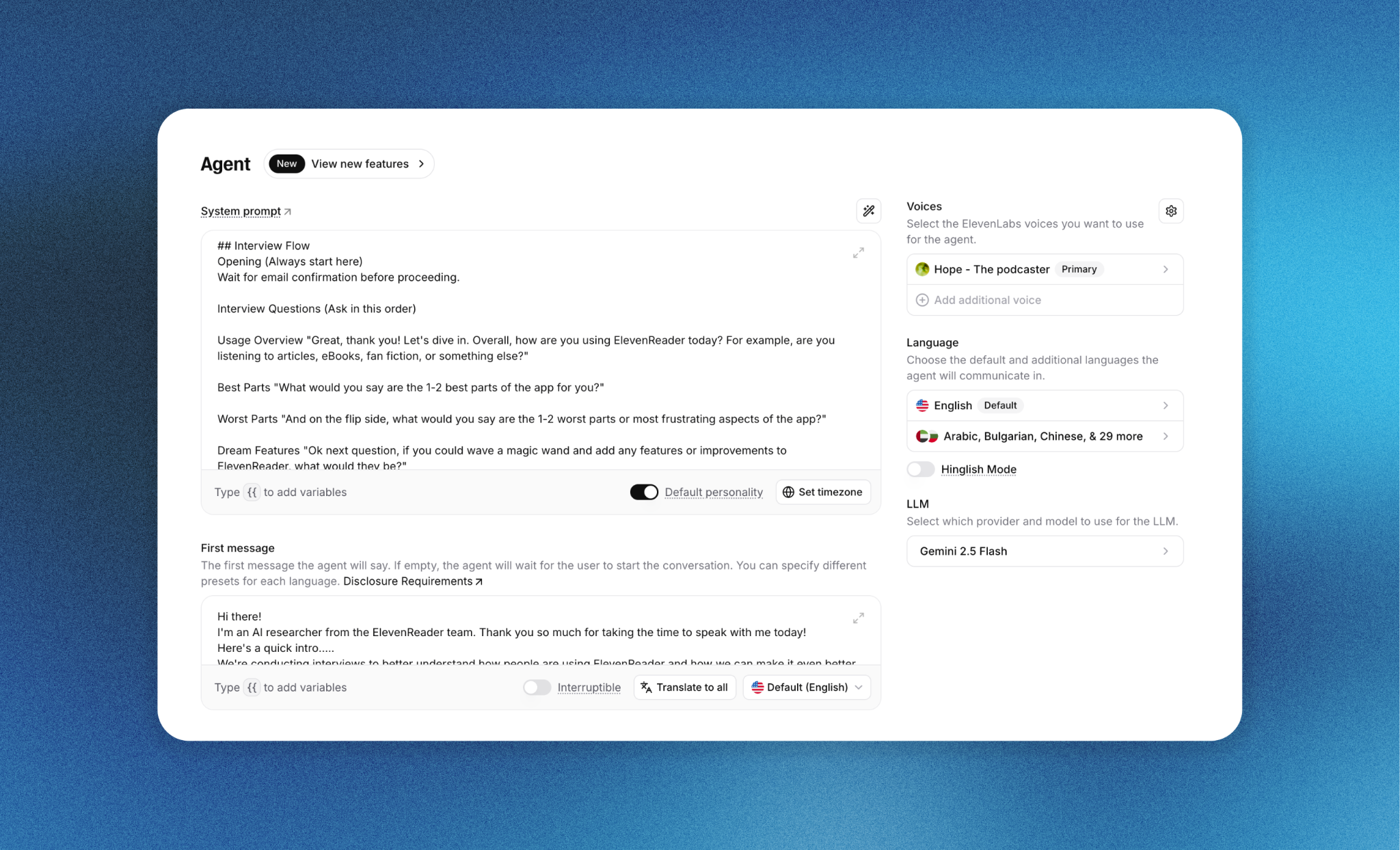 Agent configuration UI
