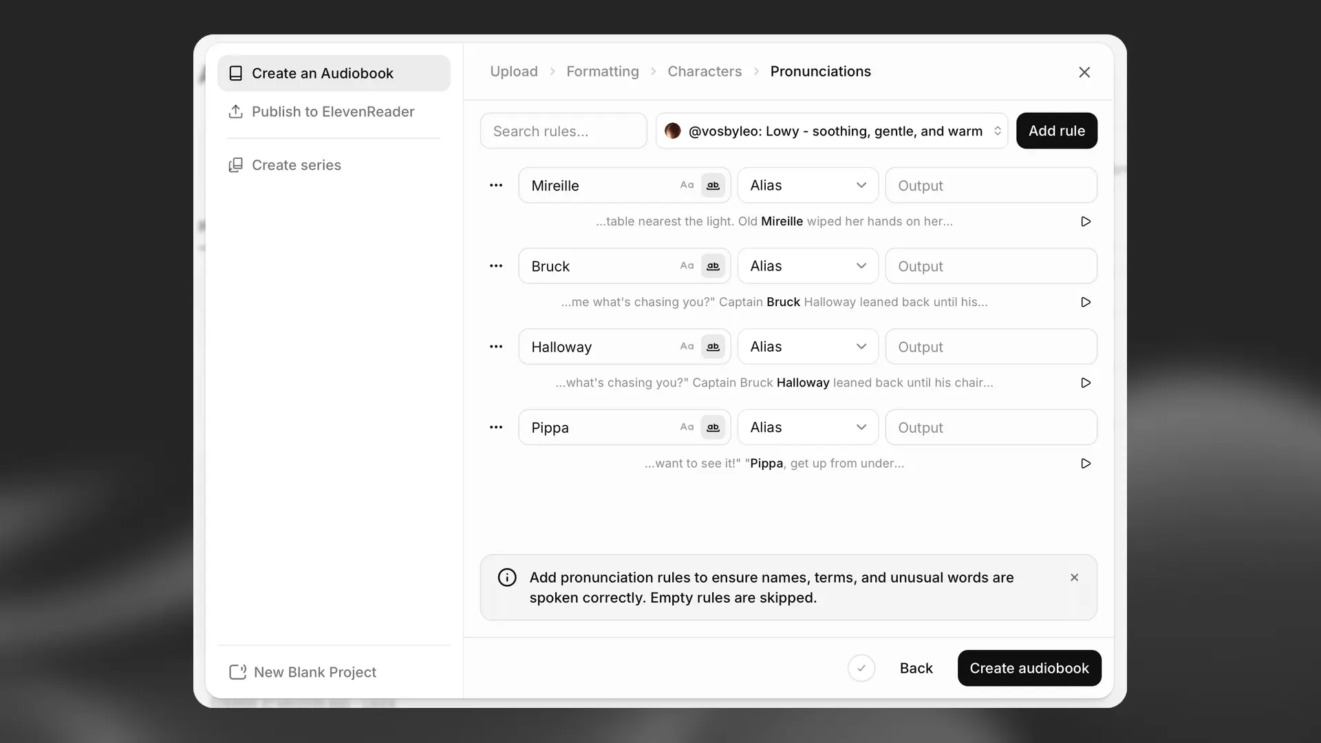 Audiobooks pronunciations editor