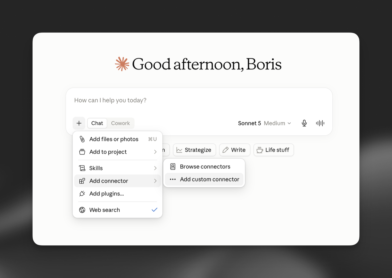 The Claude chat input menu with Add connector and Add custom connector highlighted
