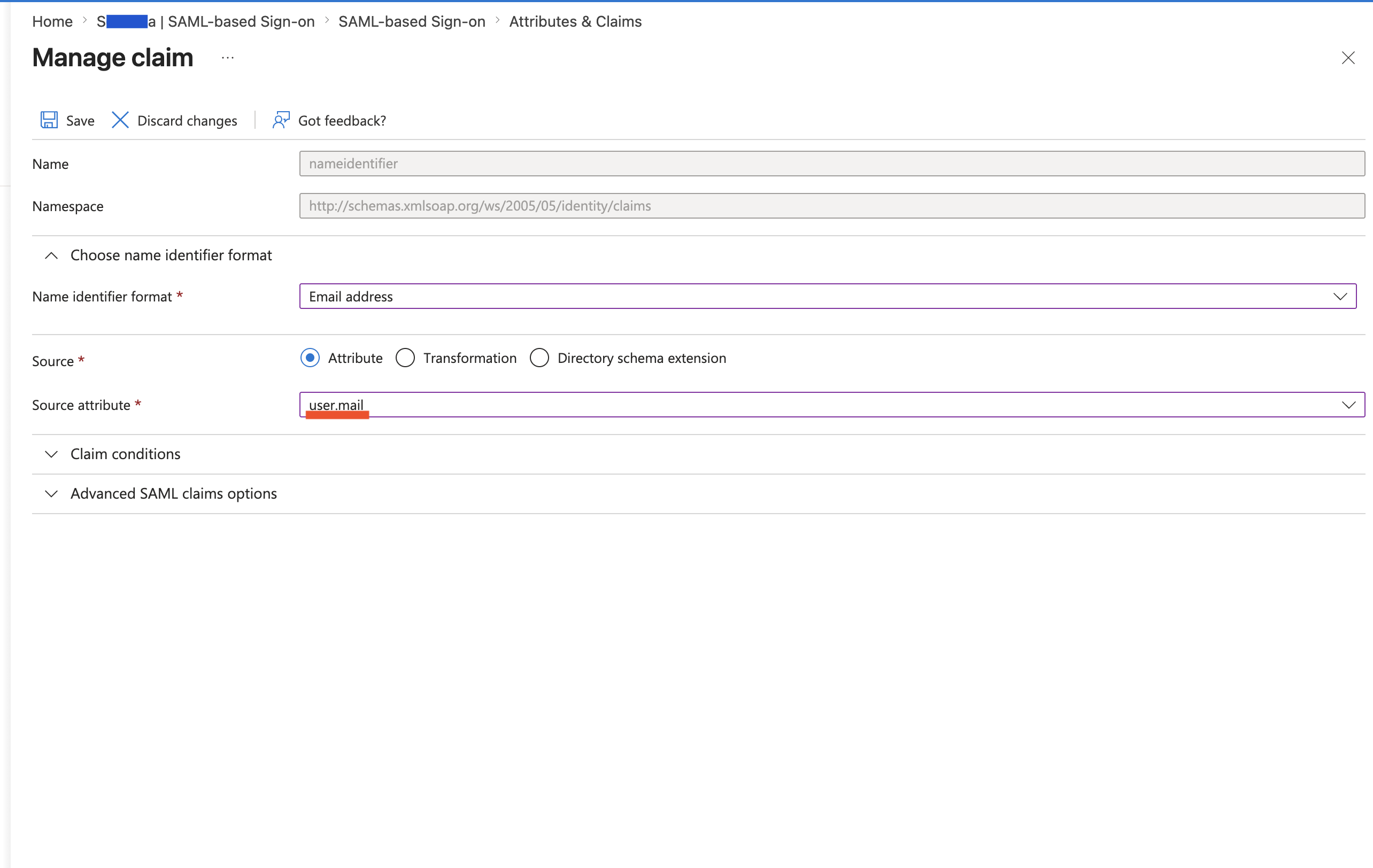 Microsoft Entra Manage claim with Email address format and user.mail source attribute