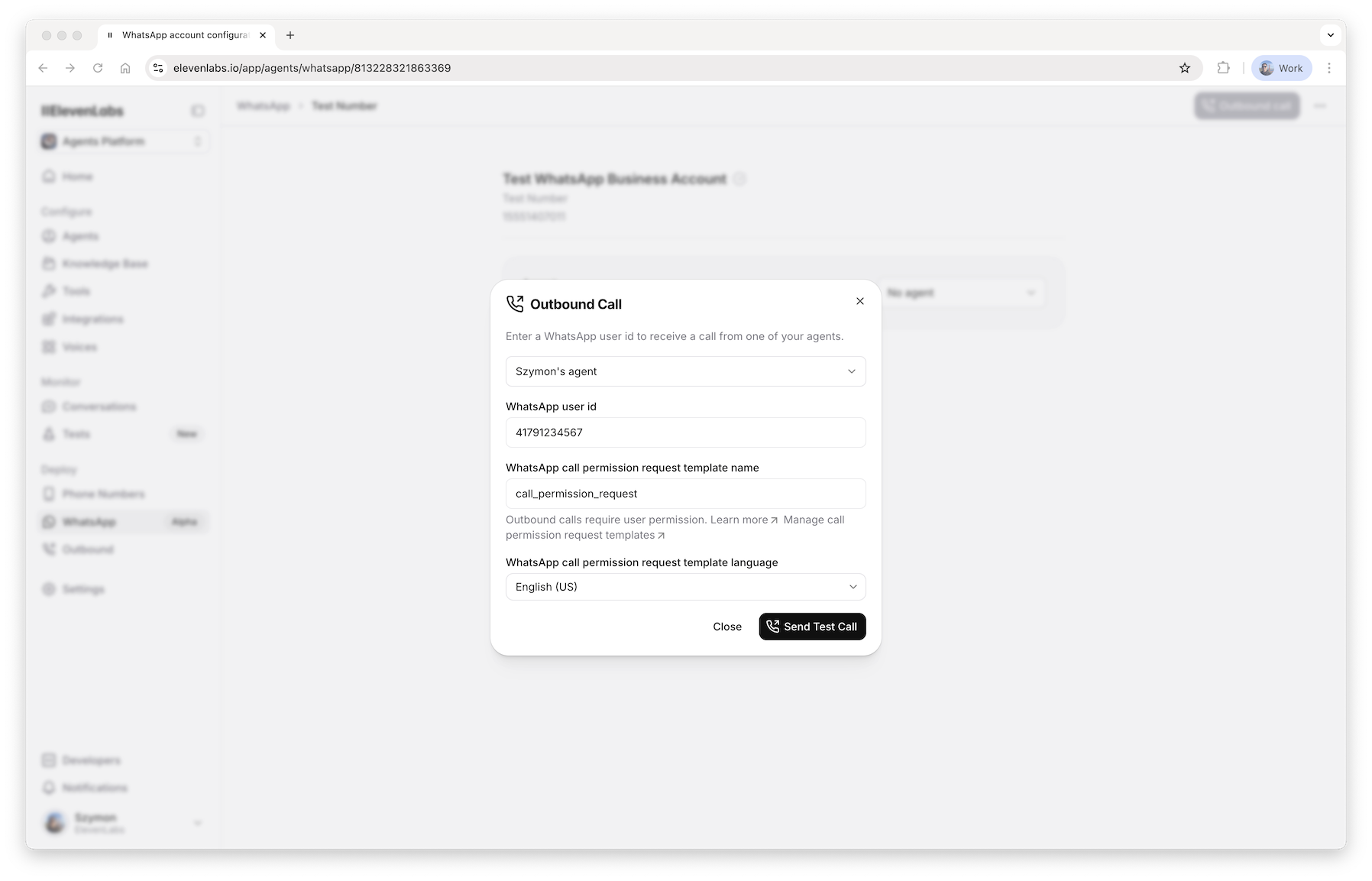 Okno połączenia wychodzącego WhatsApp