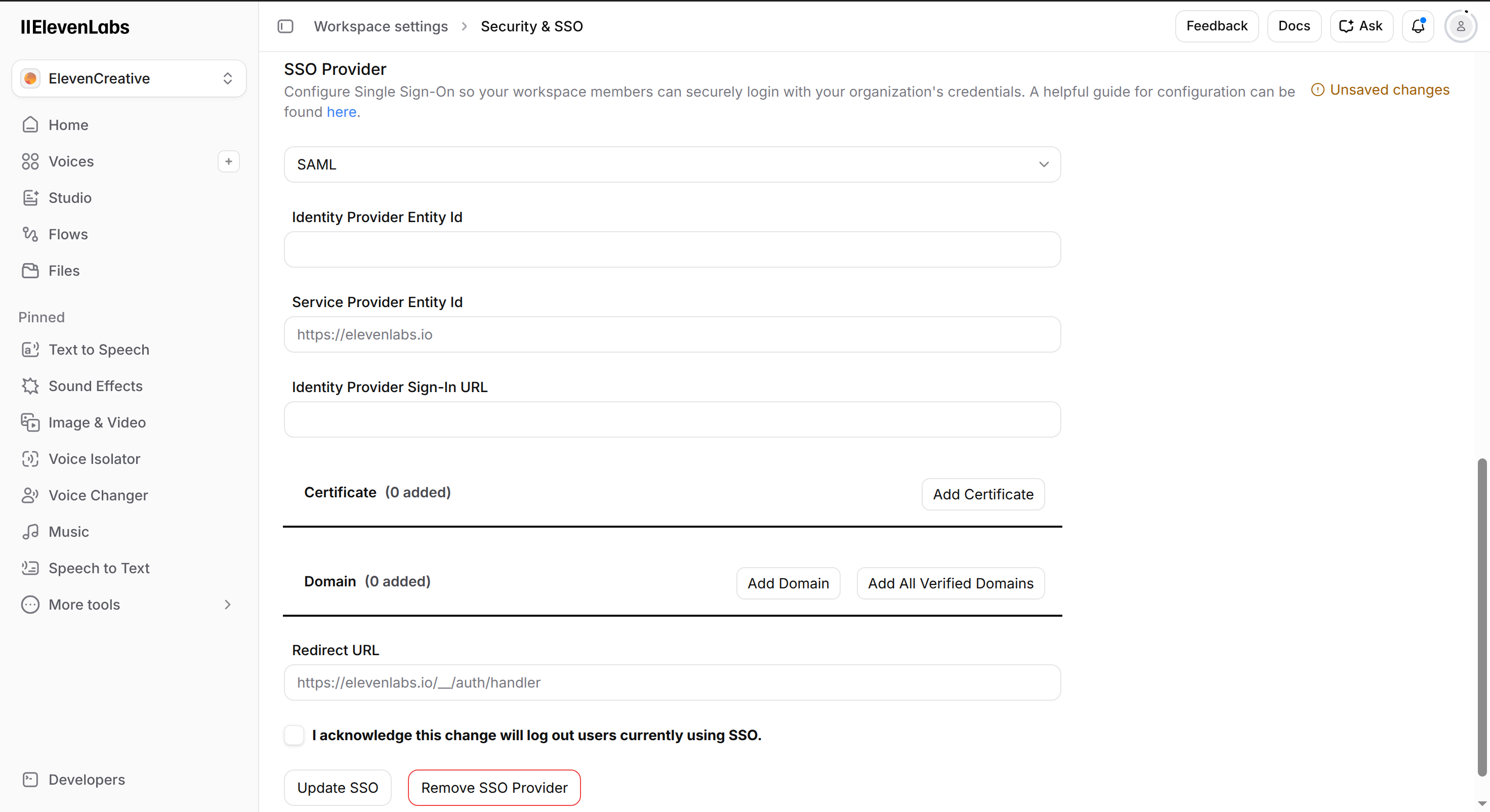 ElevenLabs SAML provider settings