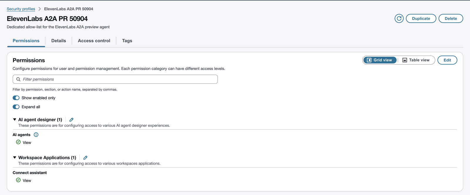 Dediziertes Sicherheitsprofil auf der Amazon Connect-Admin-Website mit Berechtigungen zum Anzeigen von KI-
Agenten