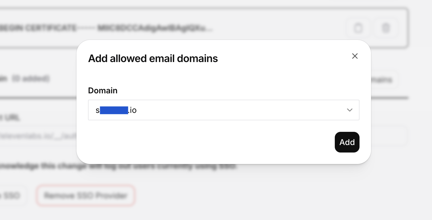 ElevenLabs Add allowed email domains dialog