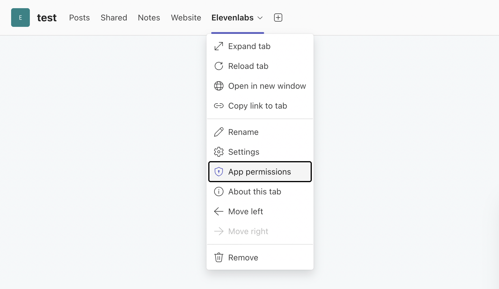 The Teams tab dropdown menu with App permissions
highlighted