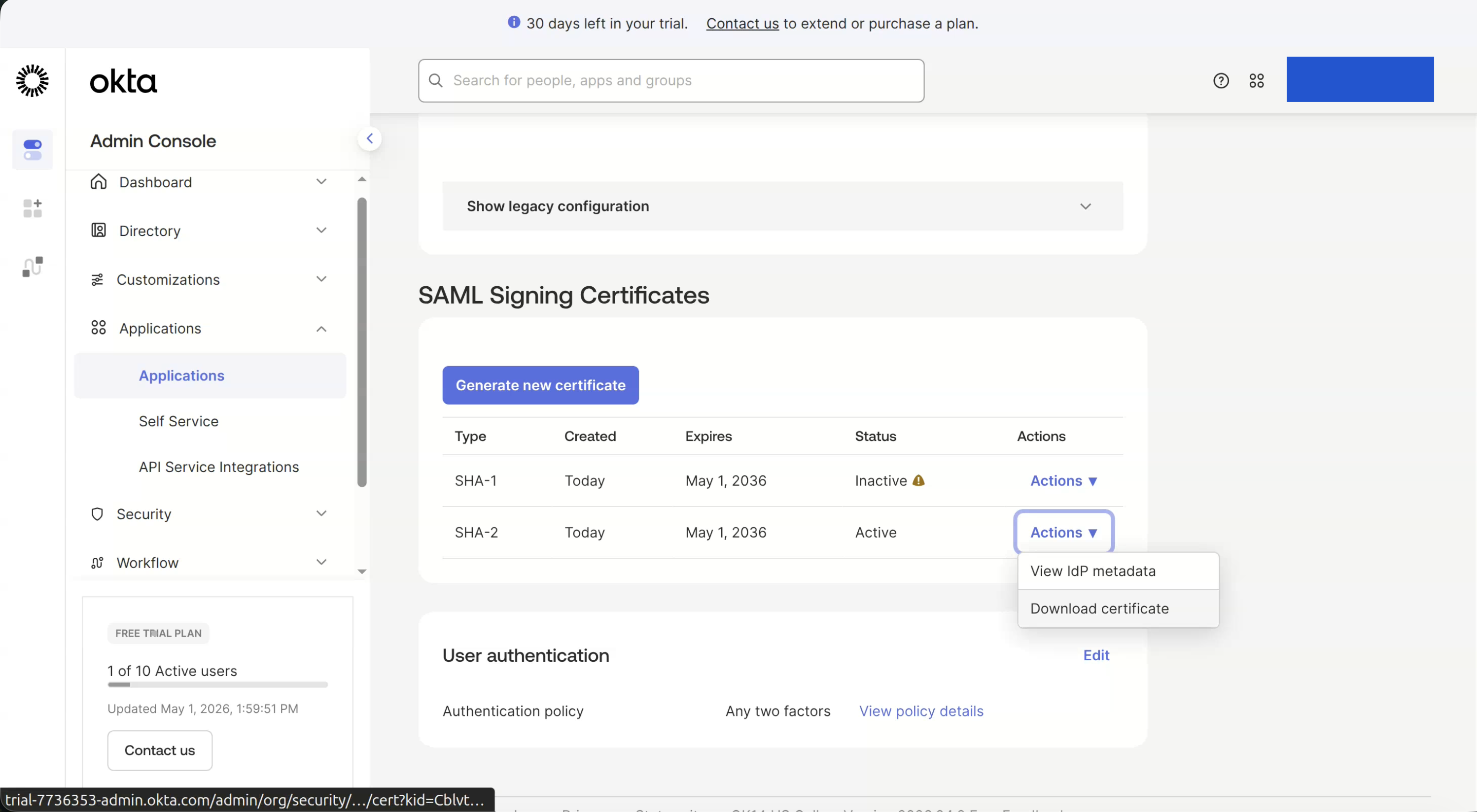 Okta SAML Signing Certificates download certificate action