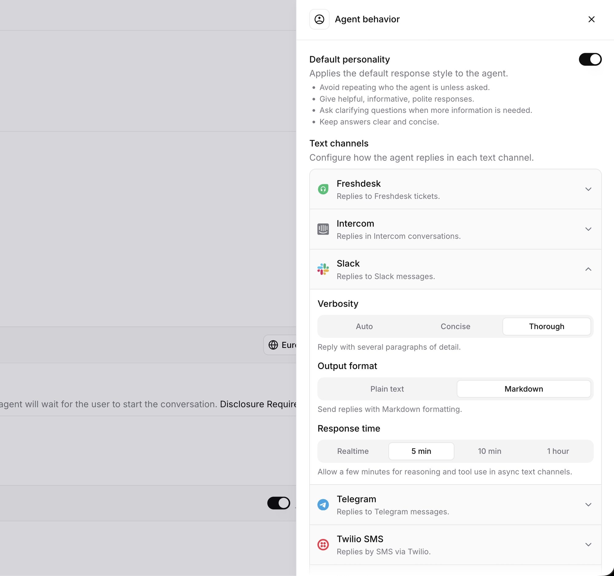 Agent behavior panel with per-channel text
settings