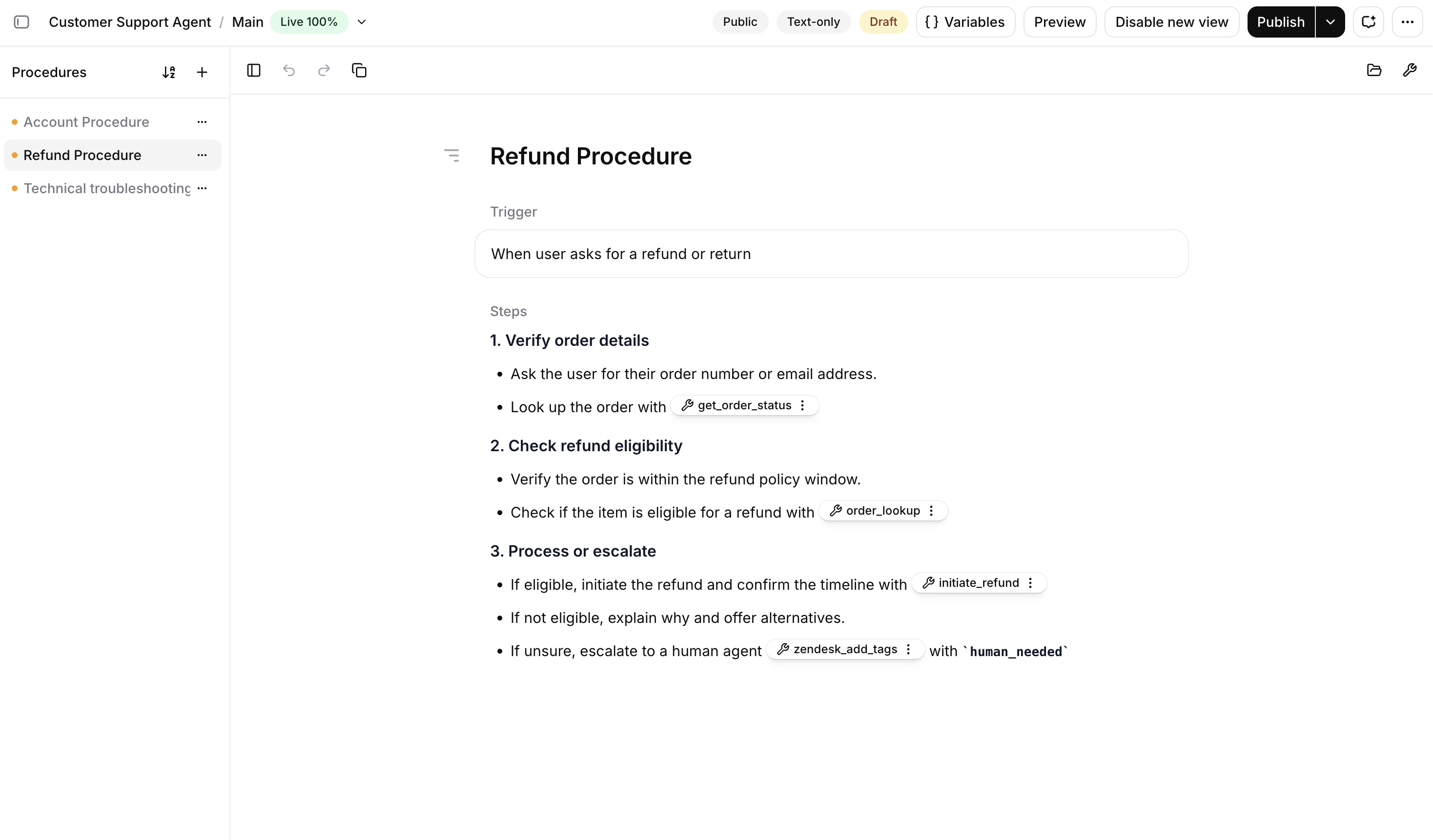 Procedures tab in the agent
dashboard