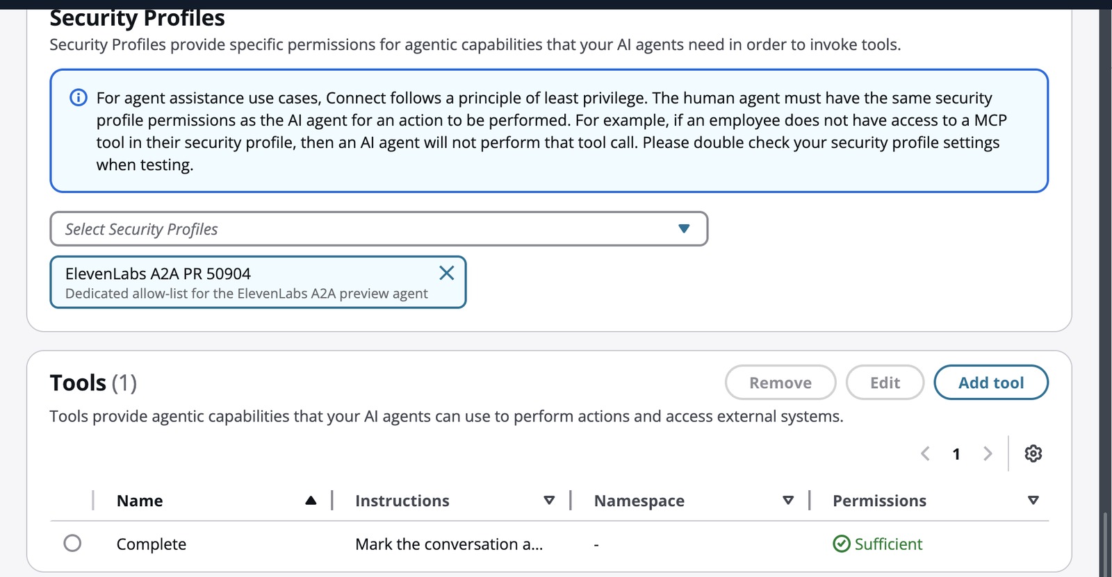 Orchestration AI agent in the AI agent designer with the dedicated security profile
attached