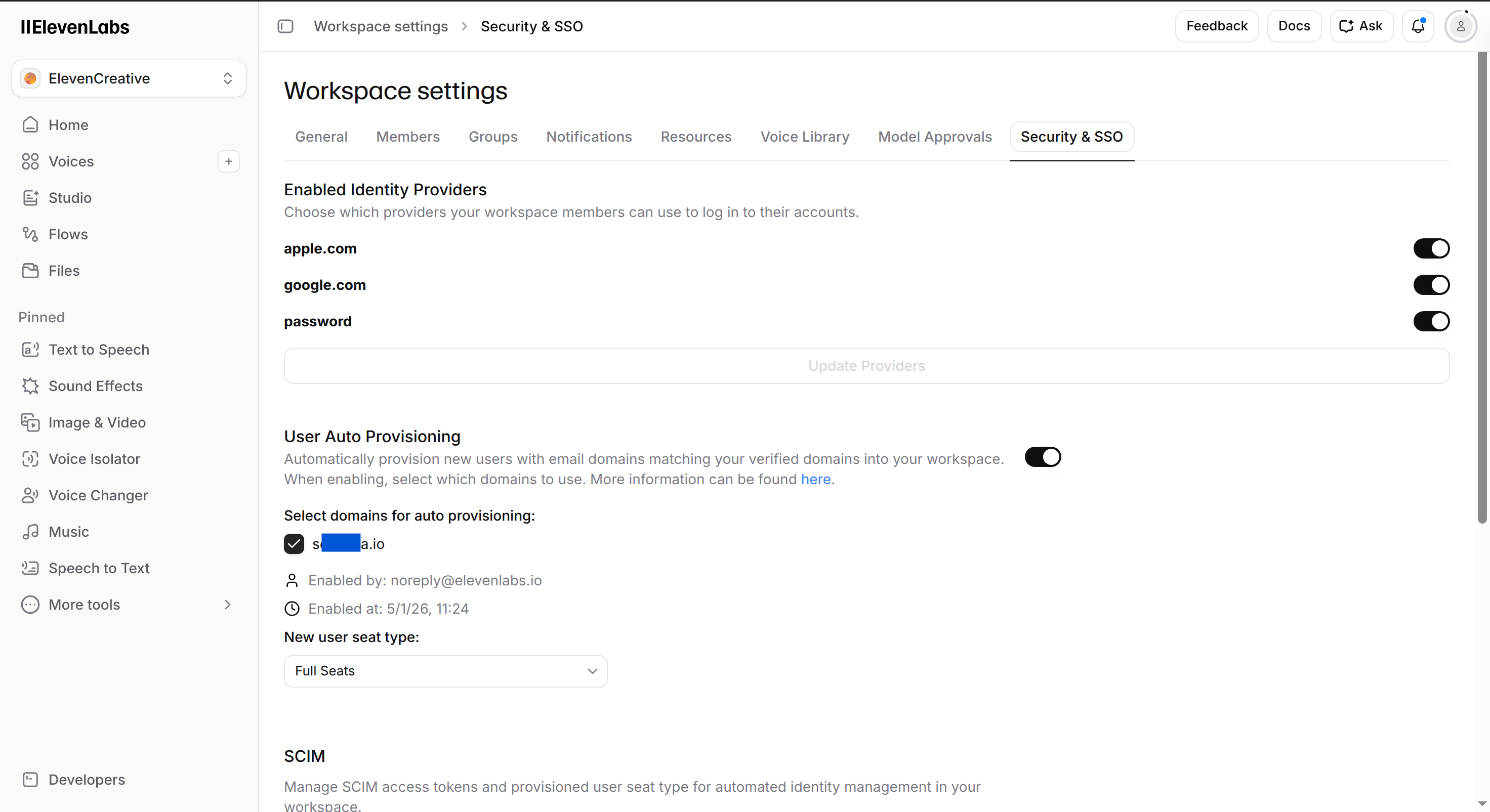 ElevenLabs Workspace settings Security and SSO tab