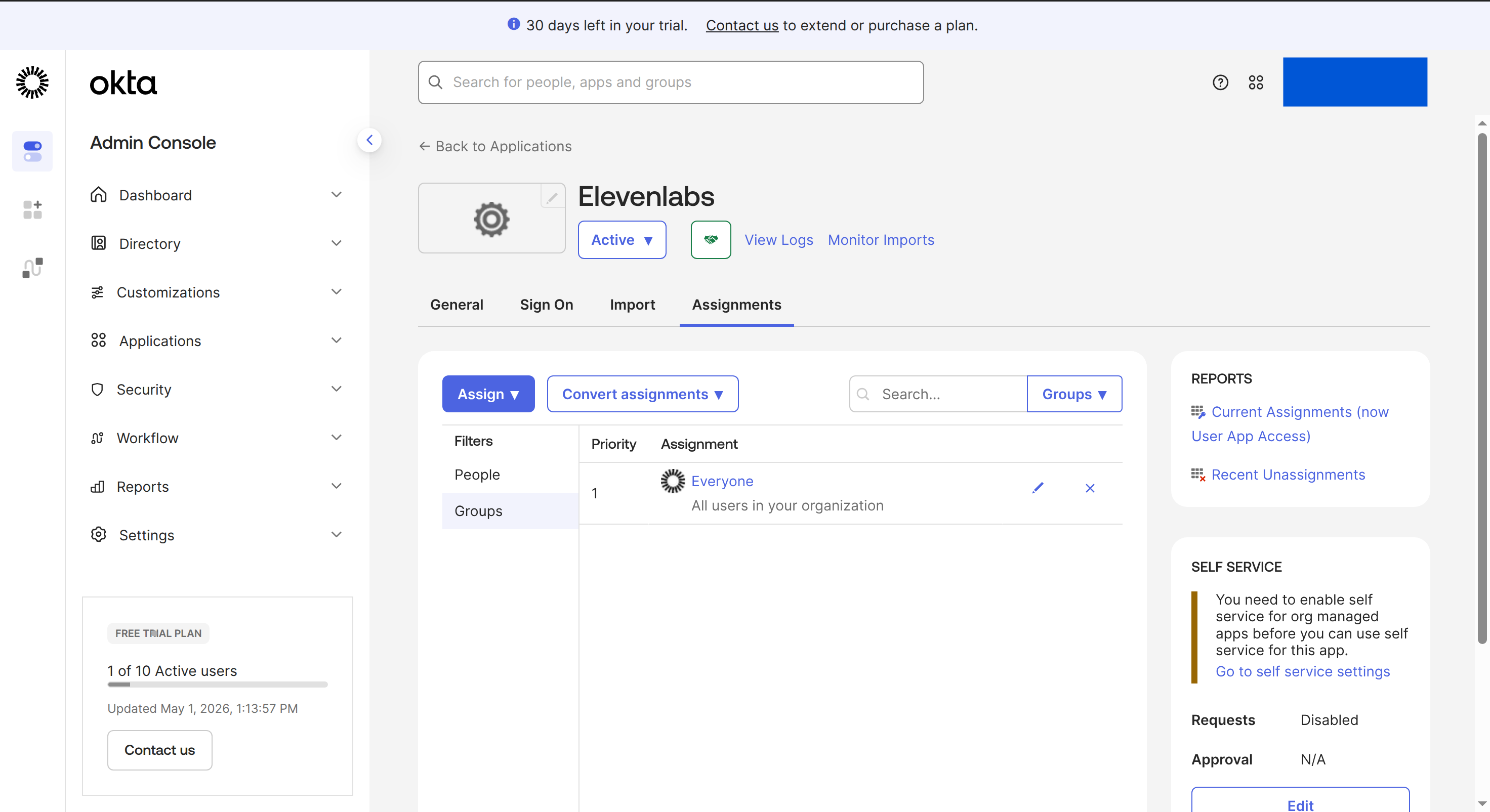 Okta app Assignments tab