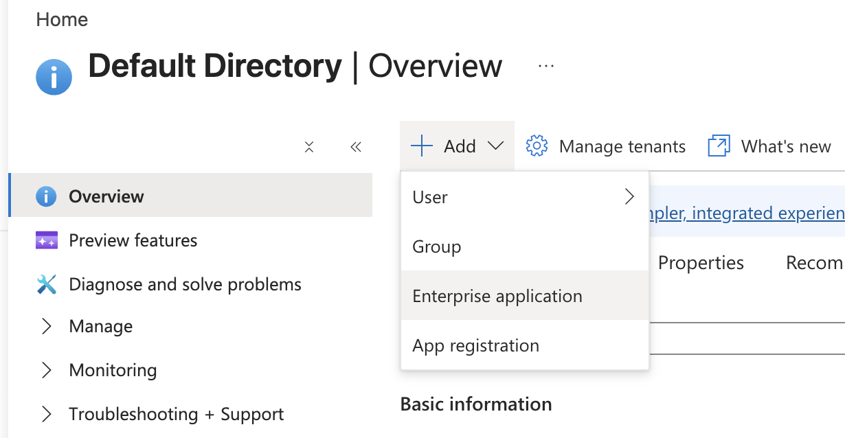 Microsoft Entra Overview Add menu with Enterprise application selected