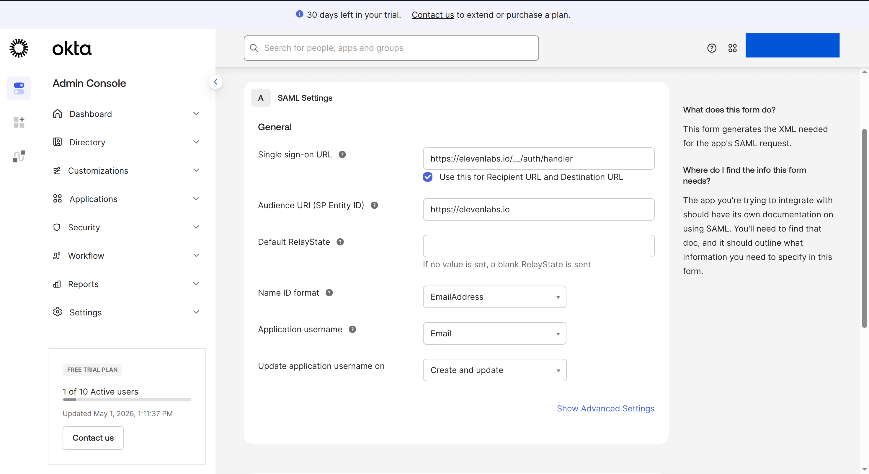 Okta SAML settings for ElevenLabs