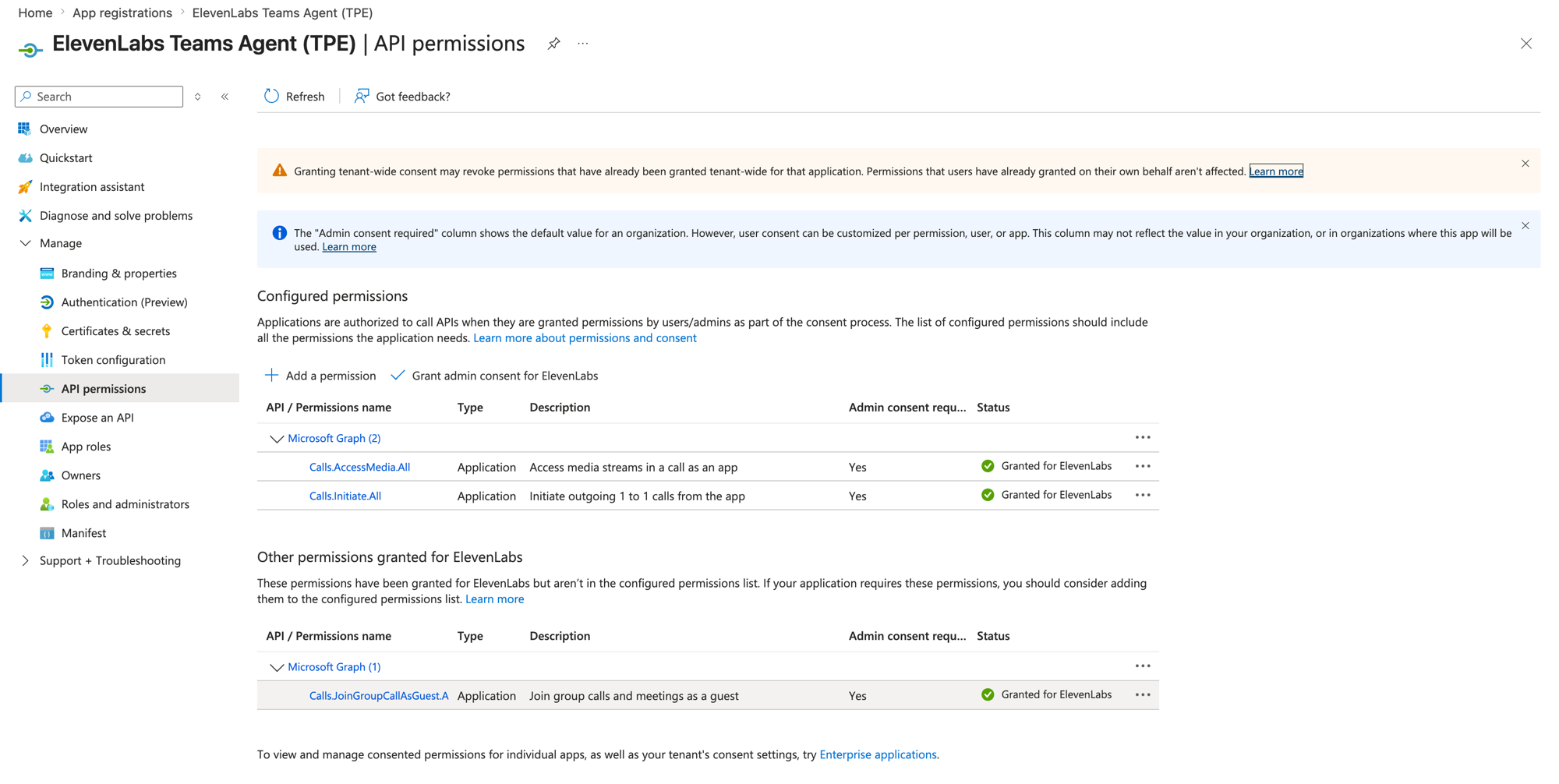 The app registration API permissions blade showing Calls.AccessMedia.All and Calls.Initiate.All
granted