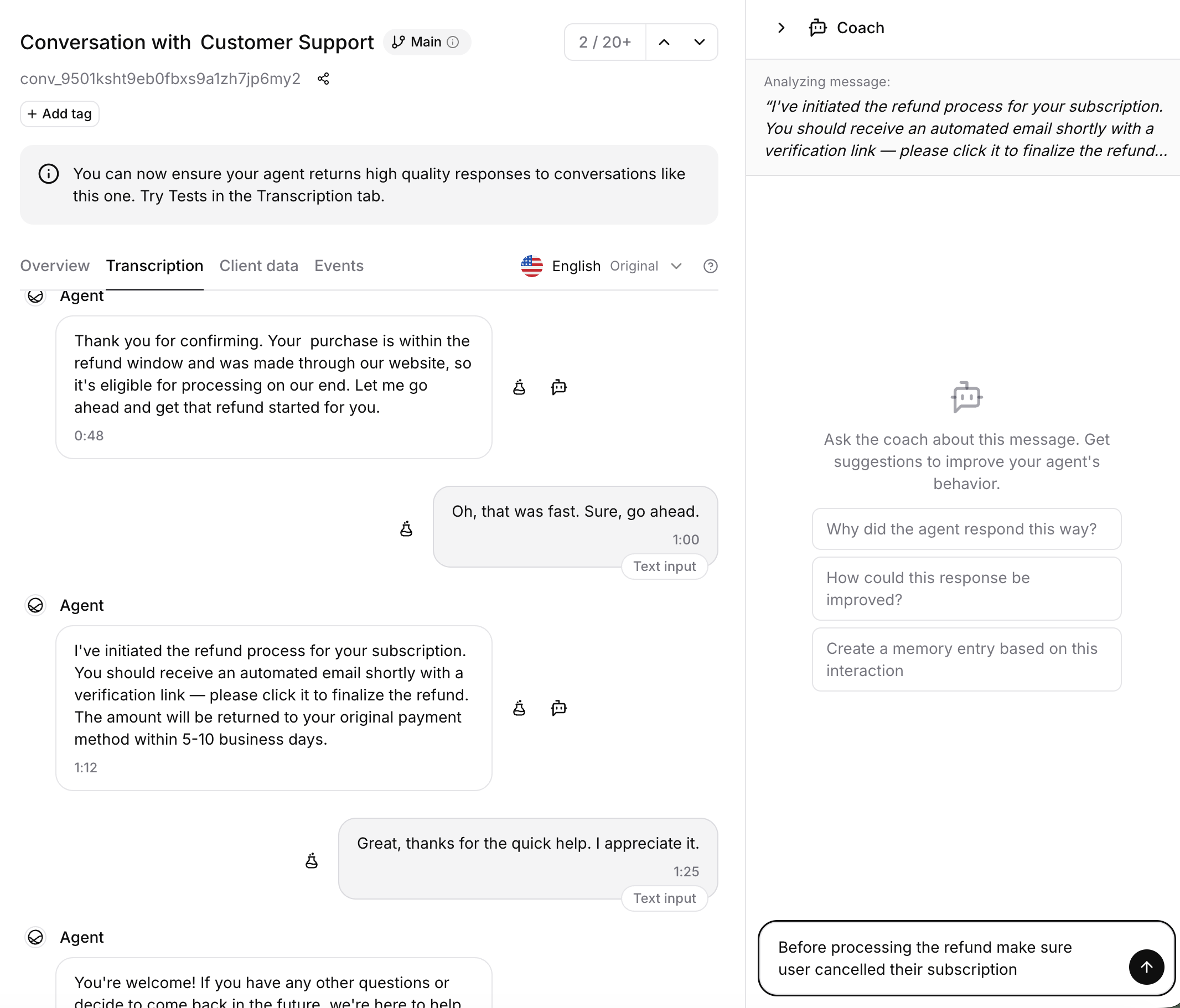 Coach chat panel alongside a conversation transcript