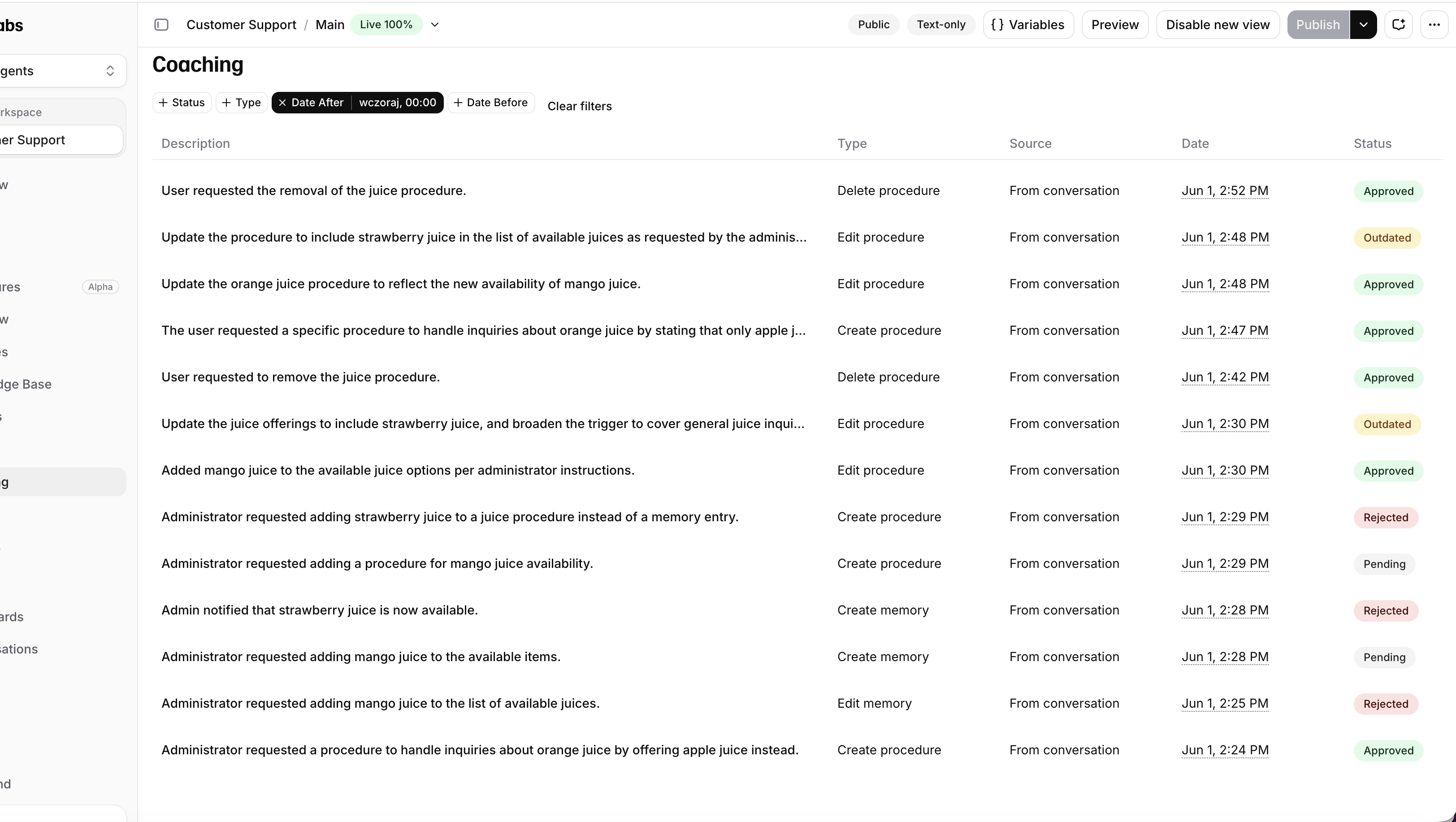 Coaching tab showing pending proposals