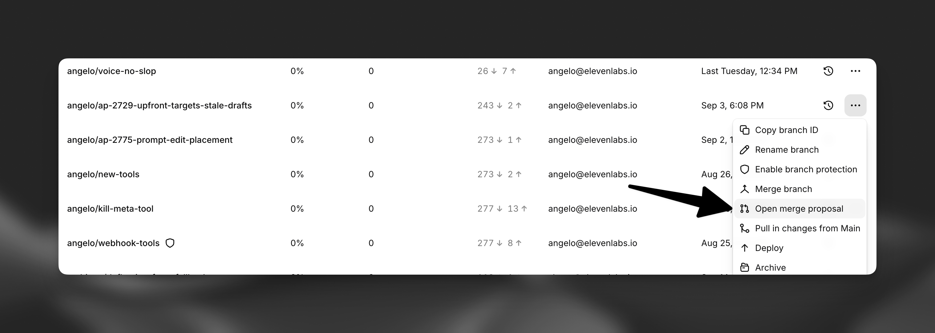 Open merge proposal option in a branch's options menu